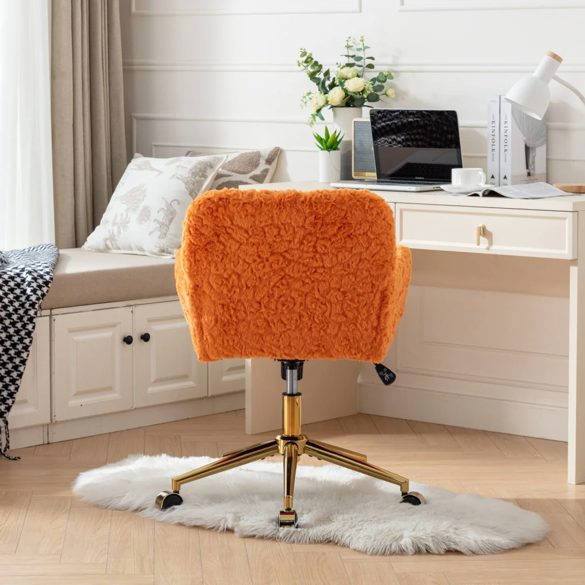Furniture Office Chair,  Artificial Rabbit Hair Makeup Vanity Chair Chair, 360 Comfy Swivel Armchair with Wheels, Modern Height Adjustable Cute Vanity Chair for Living Room Small Spaces Pink