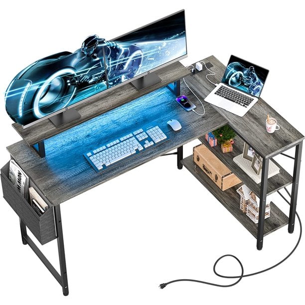 Homieasy L Shaped Desk, 47 Inch Reversible Computer Desk with Storage Shelves, Modern Corner Desk Gaming Desk Small Office Desk with Storage Bag for Home Office Workstation, Black Oak