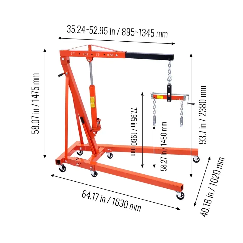 2-Ton Folding Hydraulic Engine Hoist – 4400 LB Capacity. Cherry Picker Crane with Leveling Feature