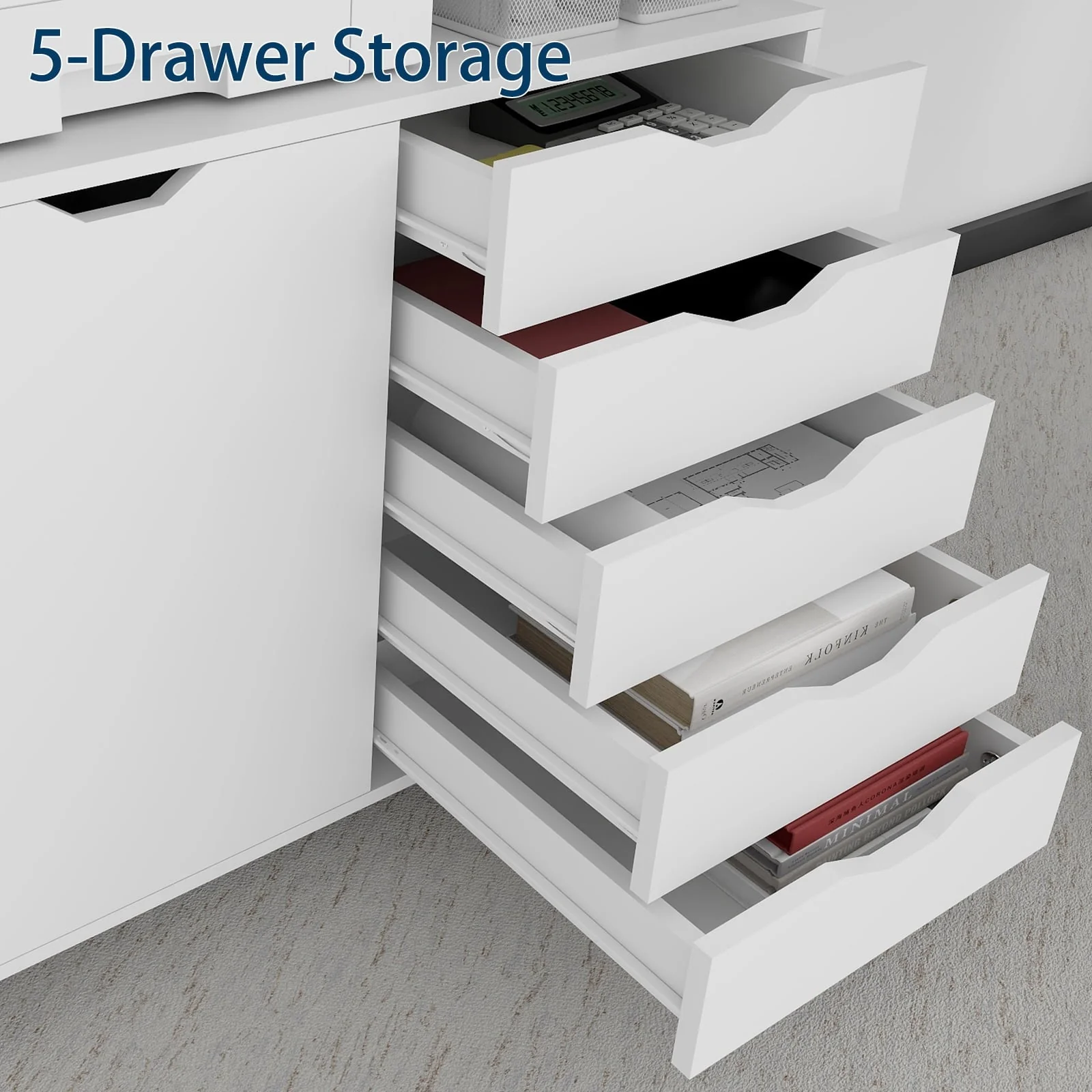 Natwind 5-Drawer Mobilable Wood Printer Stand with Charging Station，Cart File Storage Cabinets with Socket and Door Home Office Lateral Filing Cabinet(white)