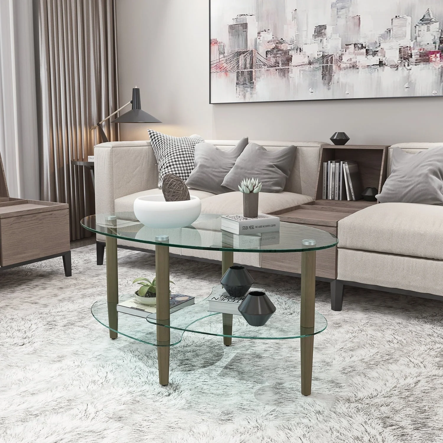 Holaki Transparent Glass Coffee Table, Oval Tea Table 3-Layer Glass Table, Modern Table in Living Room