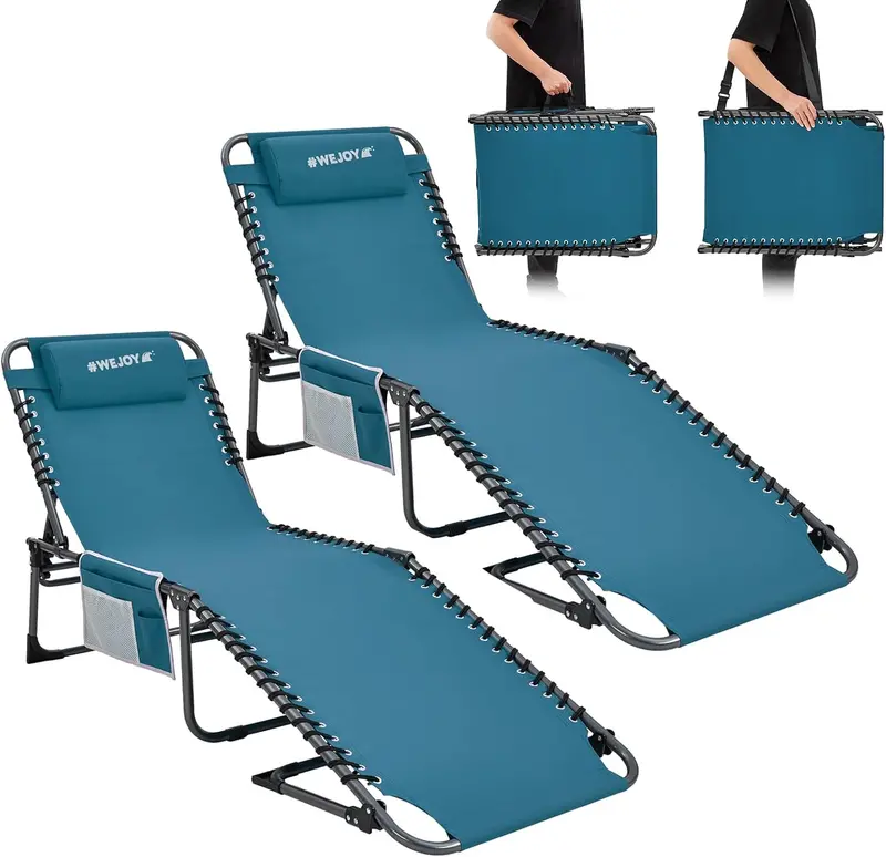 2-Pack Portable Folding Chaise Lounge – 5-Position Recline. Side Table. Shoulder Strap & Pillow for Beach. Lawn or Camping