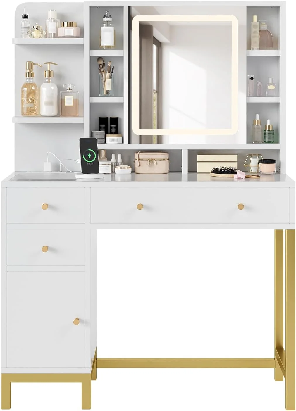 Juiluna Makeup Vanity with Led Lighted Mirror & Power Outlet, 3 Lighting Modes, Brightness Adjustable, Vanity Desk with Acrylic Tabletop & Drawers and Cabinets for Bedroom, White
