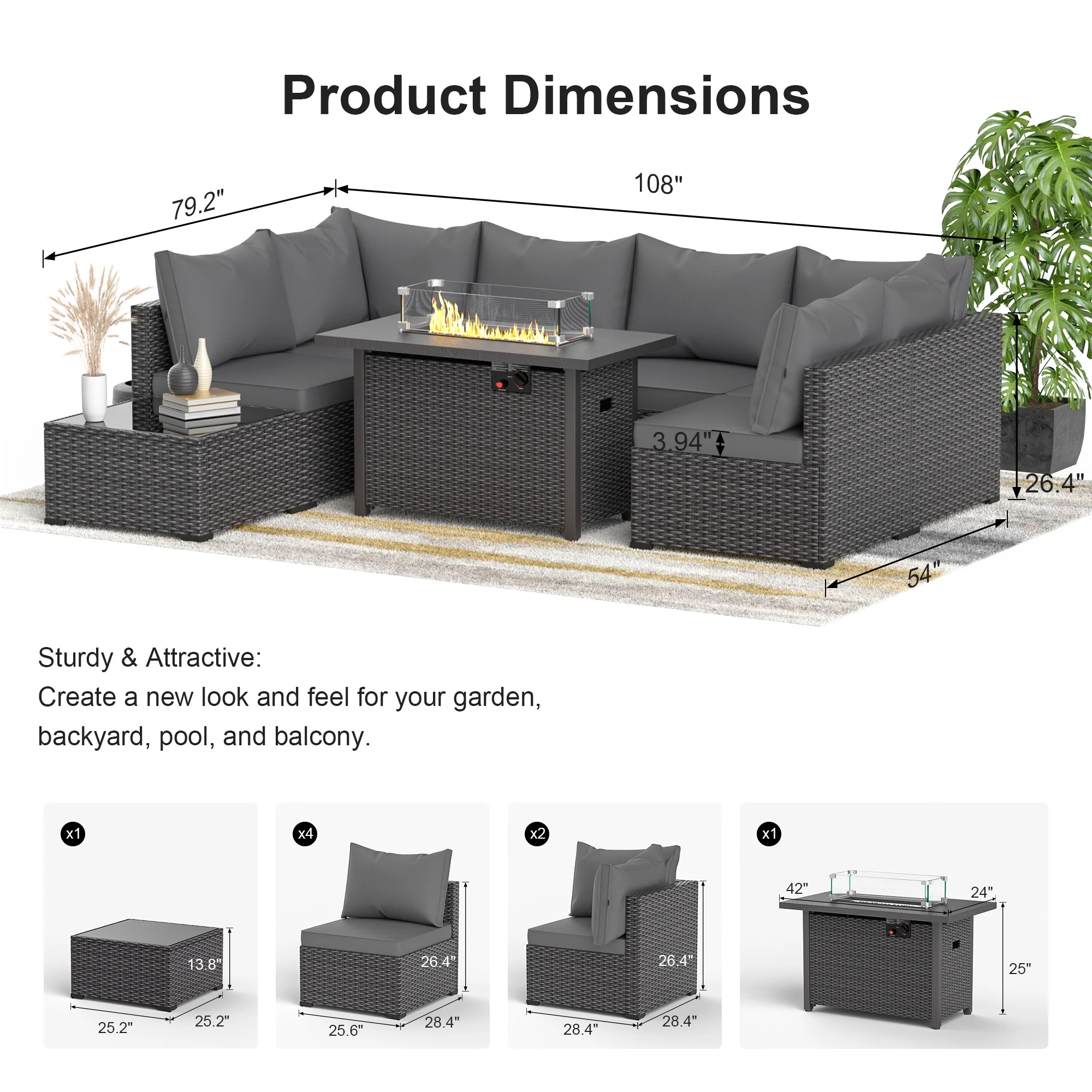 8 Piece Patio Furniture Set with 42