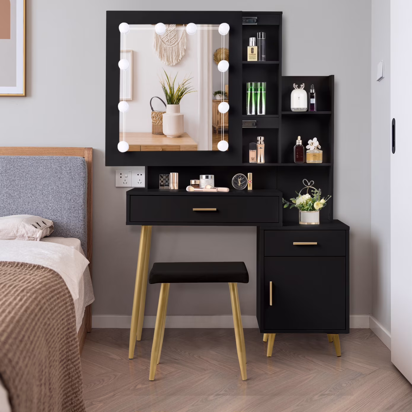 Black Bedroom Makeup Vanity Set, Vanity Desk with Light, Mirror and Cushioned Stool, Modern Makeup Dressing Table for Girls, Wife, Daughter, Mother, Adjustable Light Brightness