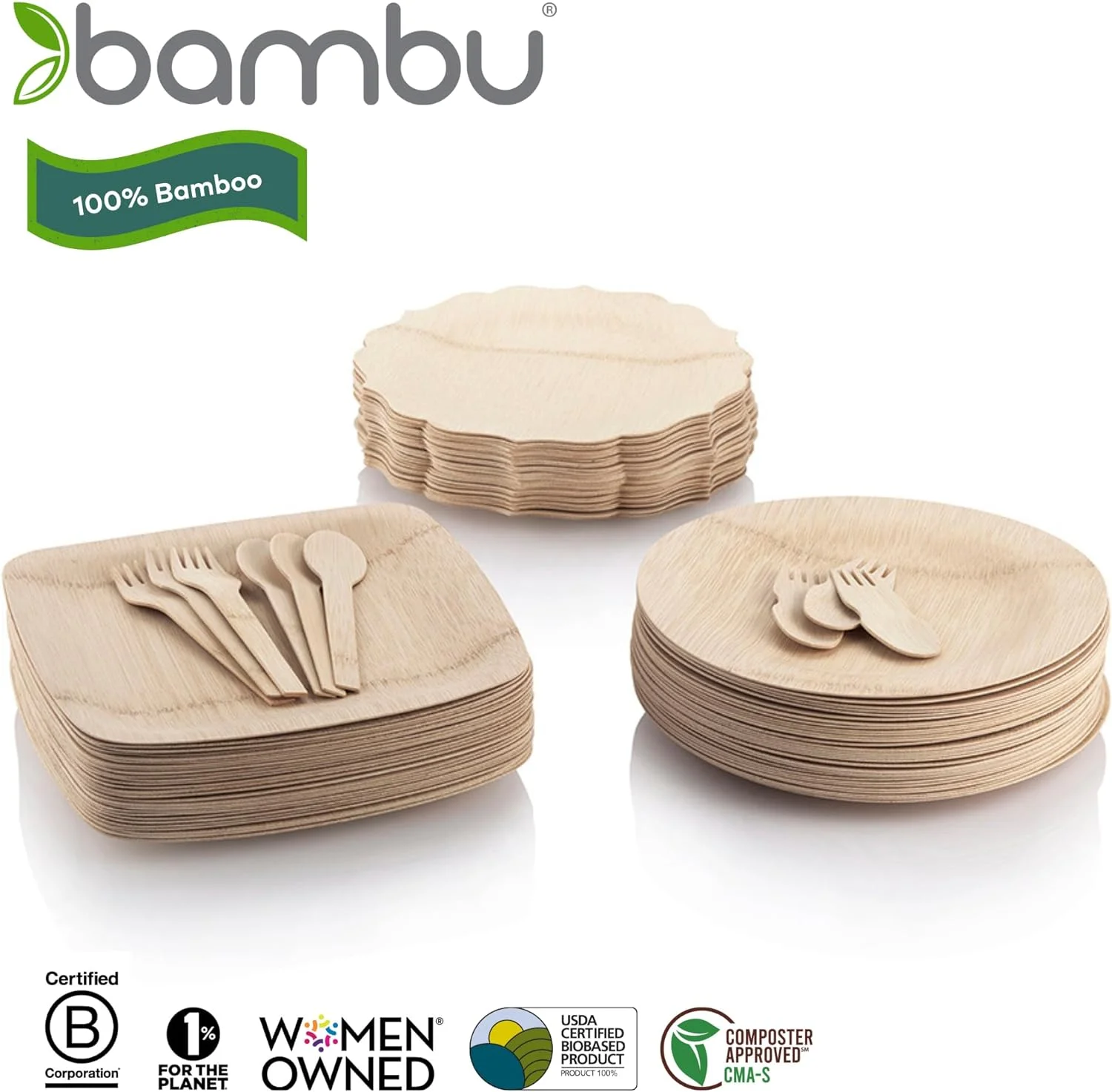 Bambu Pack of 100-9 Inch Fancy 100% Bamboo Plates �C Premium Disposable Dinnerware | Elegant, Biodegradable Veneerware Natural Tableware for Weddings, Parties, Entertaining & Special Occasions
