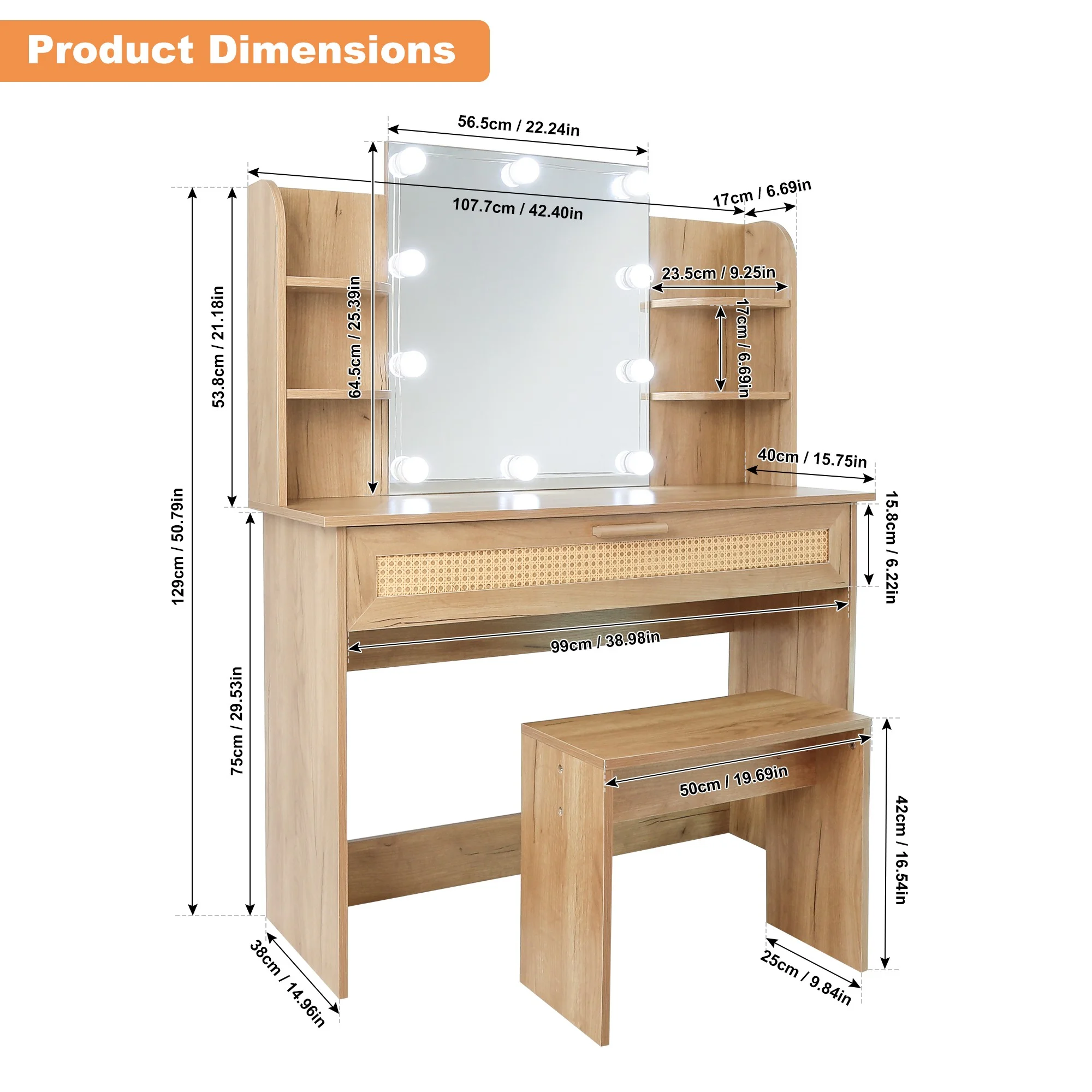 Resenkos Vanity Desk Set with Mirror and Lights for Makeup, 5 Drawers Storage Dresser for Bedroom, White