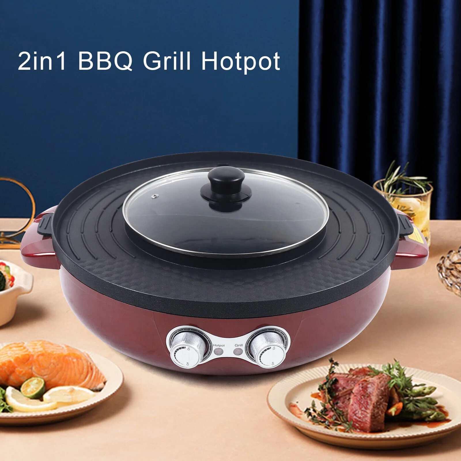 FETCOI 2200W Grill and Hot Pot BBQ Grill Pot 2 in 1 Household Electric Grill Barbecue Plate 3.6 L suitable for 2-5 people 110V