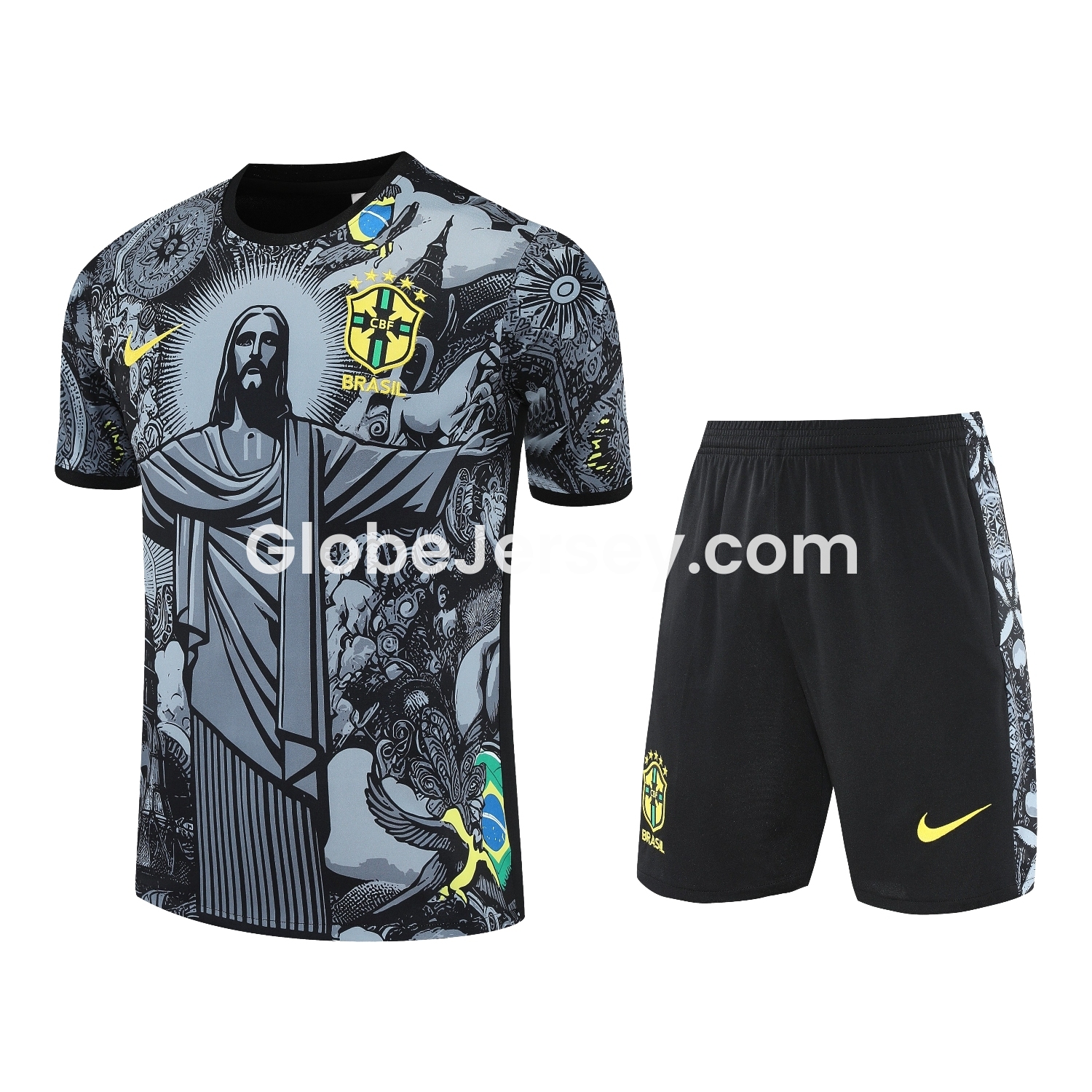 Brazil 25-26 Gray Jesus Statue Short-Sleeve Training Set - Gray Top & Black Shorts