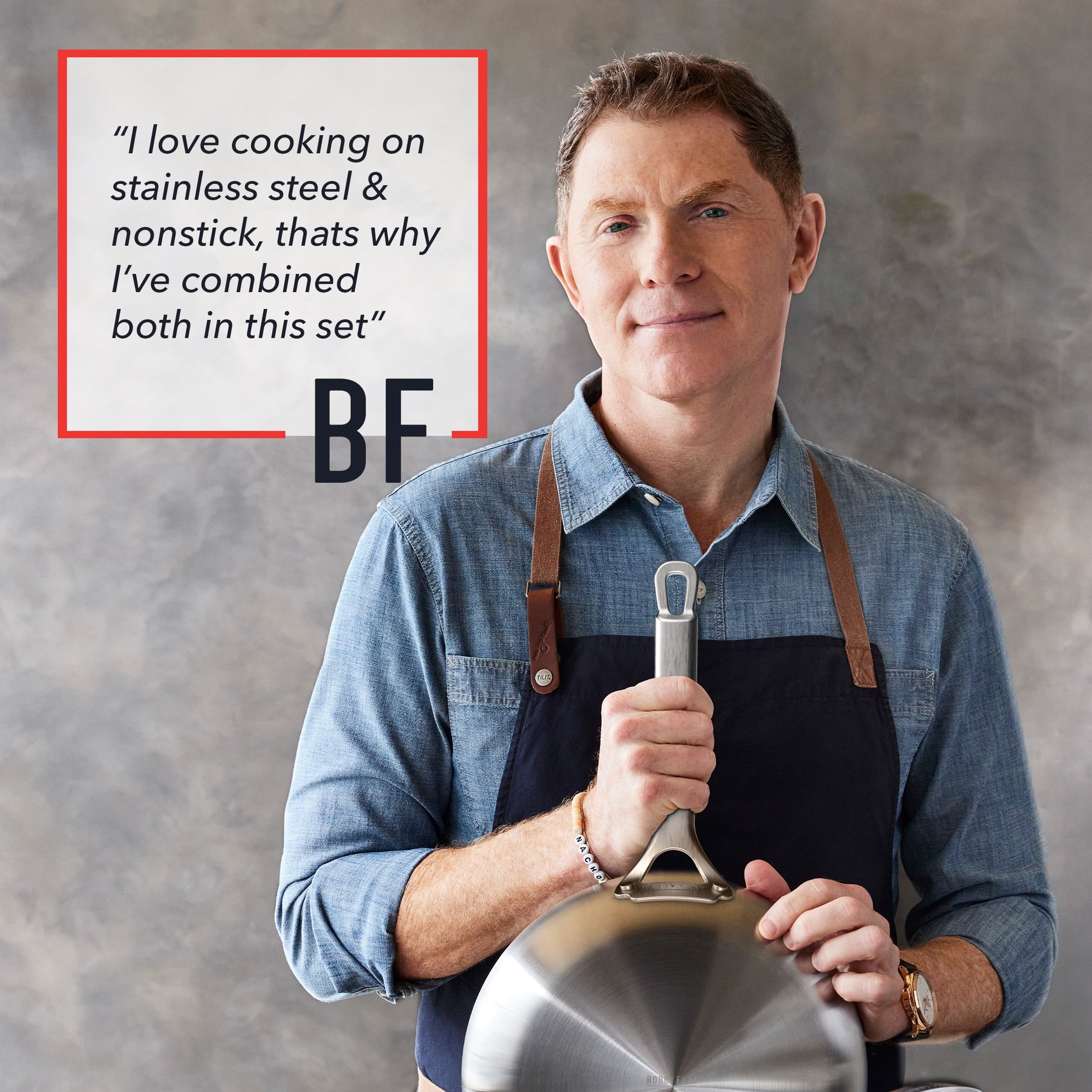 GreenPan Bobby Flay 10-Piece Stainless Steel Cookware Set, Ceramic Nonstick Fry Pans, Dishwasher Safe