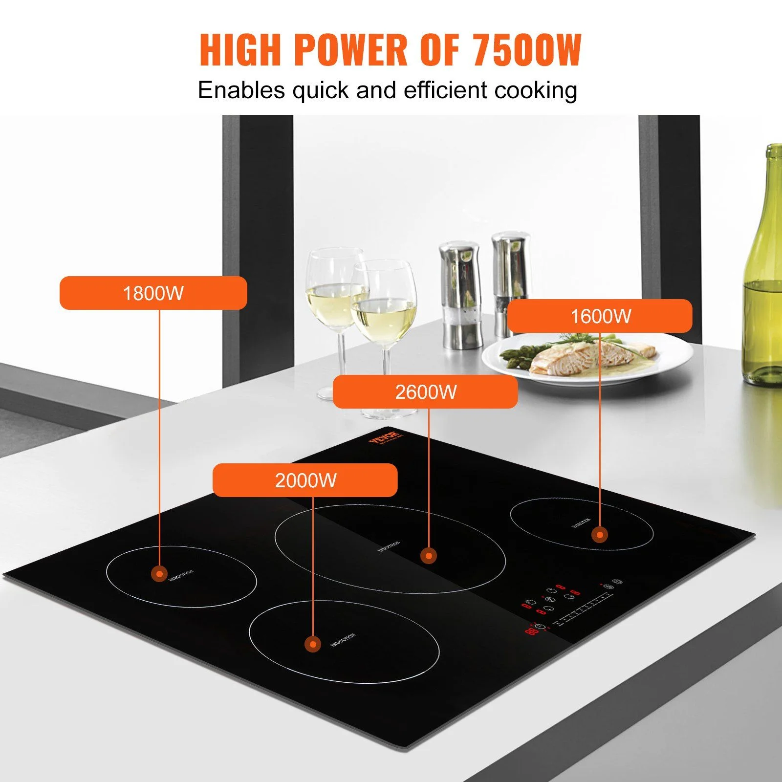 HCY Electric Cooktop, 4 Burners, 30'' Induction Stove Top, Built-in Magnetic Cooktop 7500W, 9 Heating Level Multifunctional Burner, LED Touch Screen with Child Lock & Over-Temperature Protection
