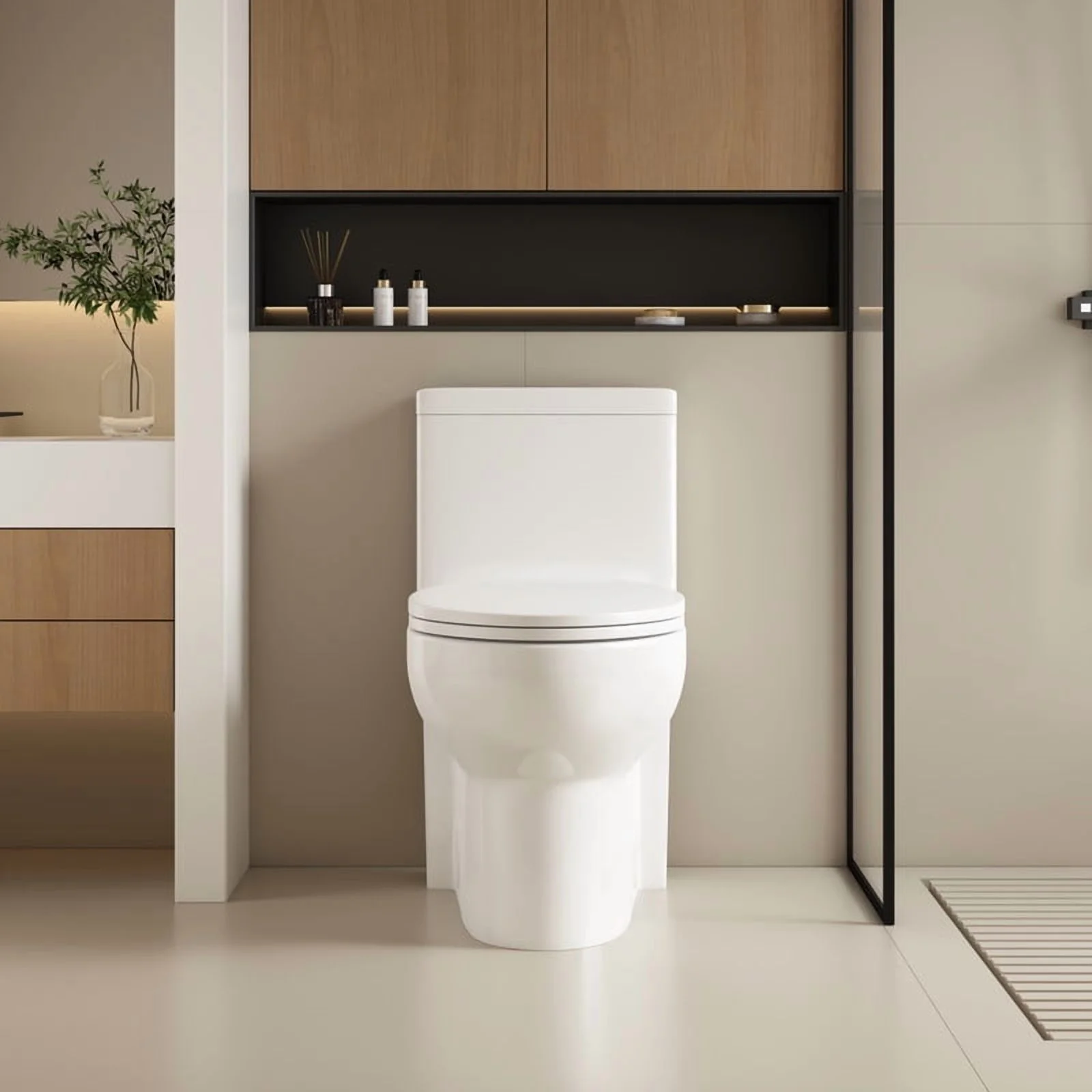 Albriya Modern One Piece Toilet with Soft Close Seat , Elongated Toilet with Comfort Seat Height, ADA Chair Height 17.32