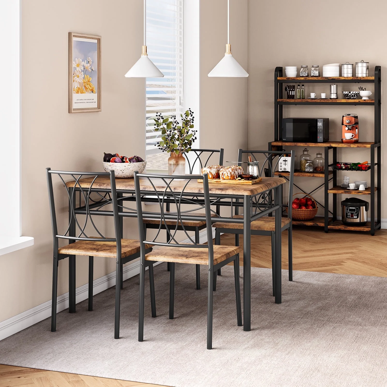 EastVita Dining Table & Chairs Kitchen Dining Room Set for 5, Table and 4 Metal and Wood Chairs, Rustic Brown