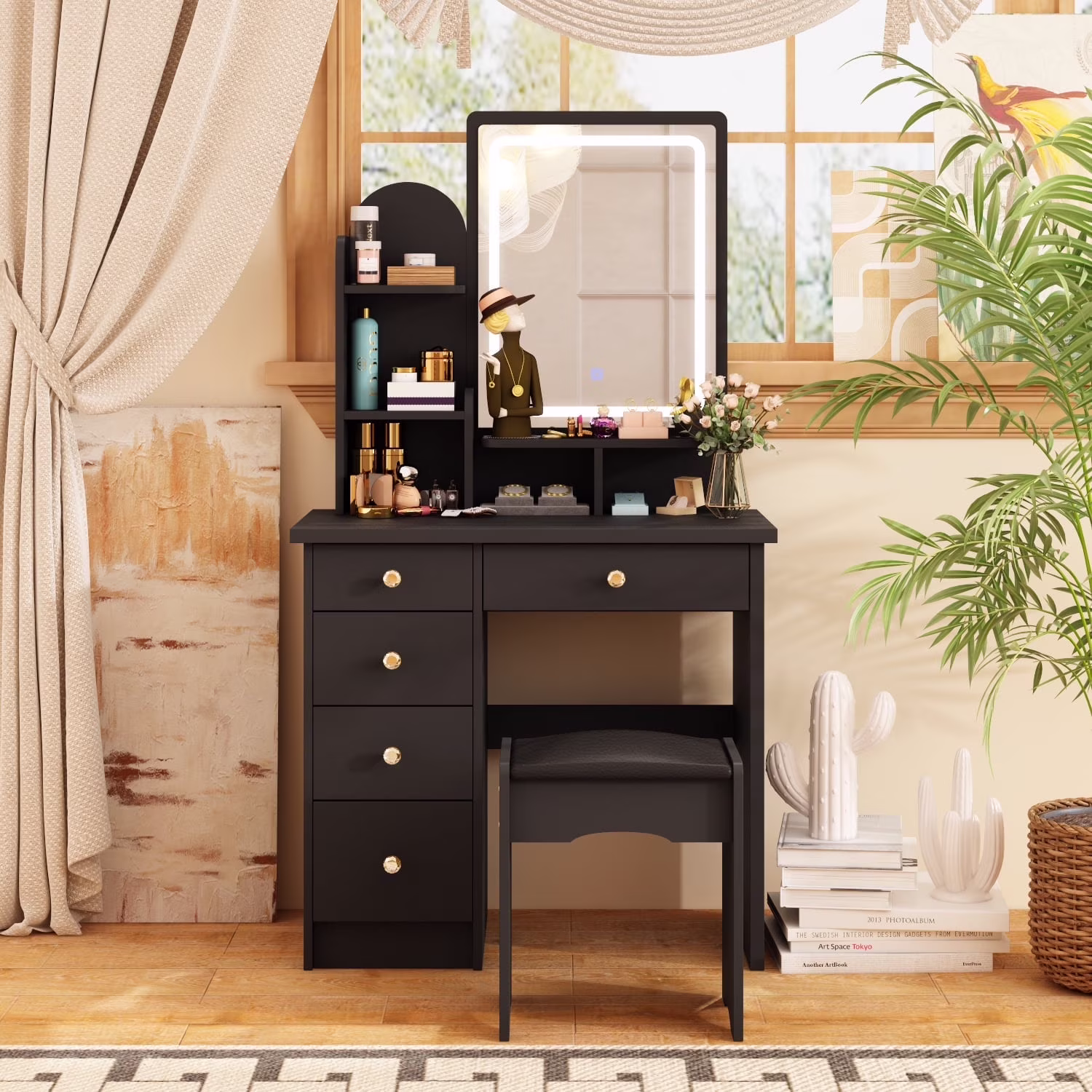 MONSLIPA Makeup Vanity Desk Set w/ Light, Sturdy Dressing Vanity Table with Bench, Shelves & Drawers