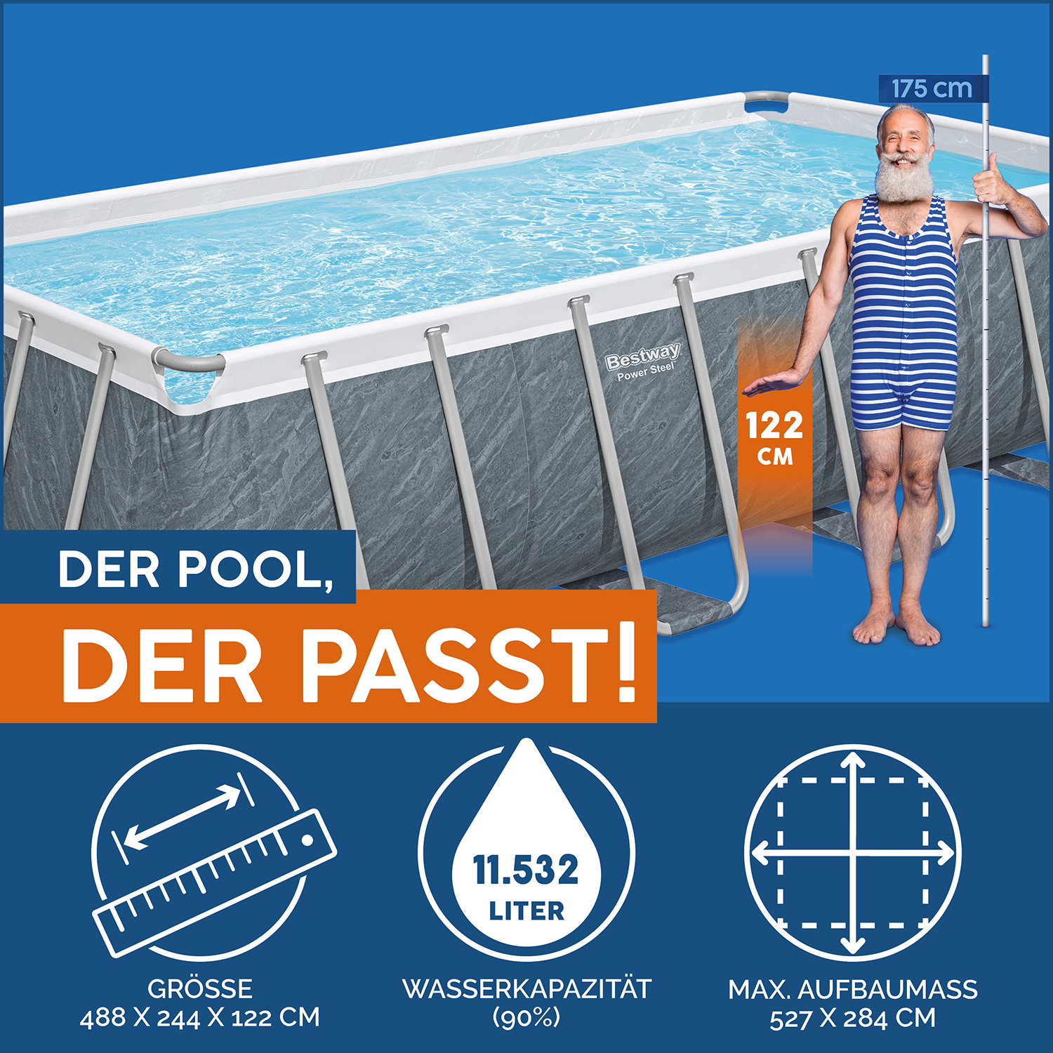Power Steel™ Solo pool without accessories 488 x 244 x 122 cm, marble-look (slate grey), rectangular