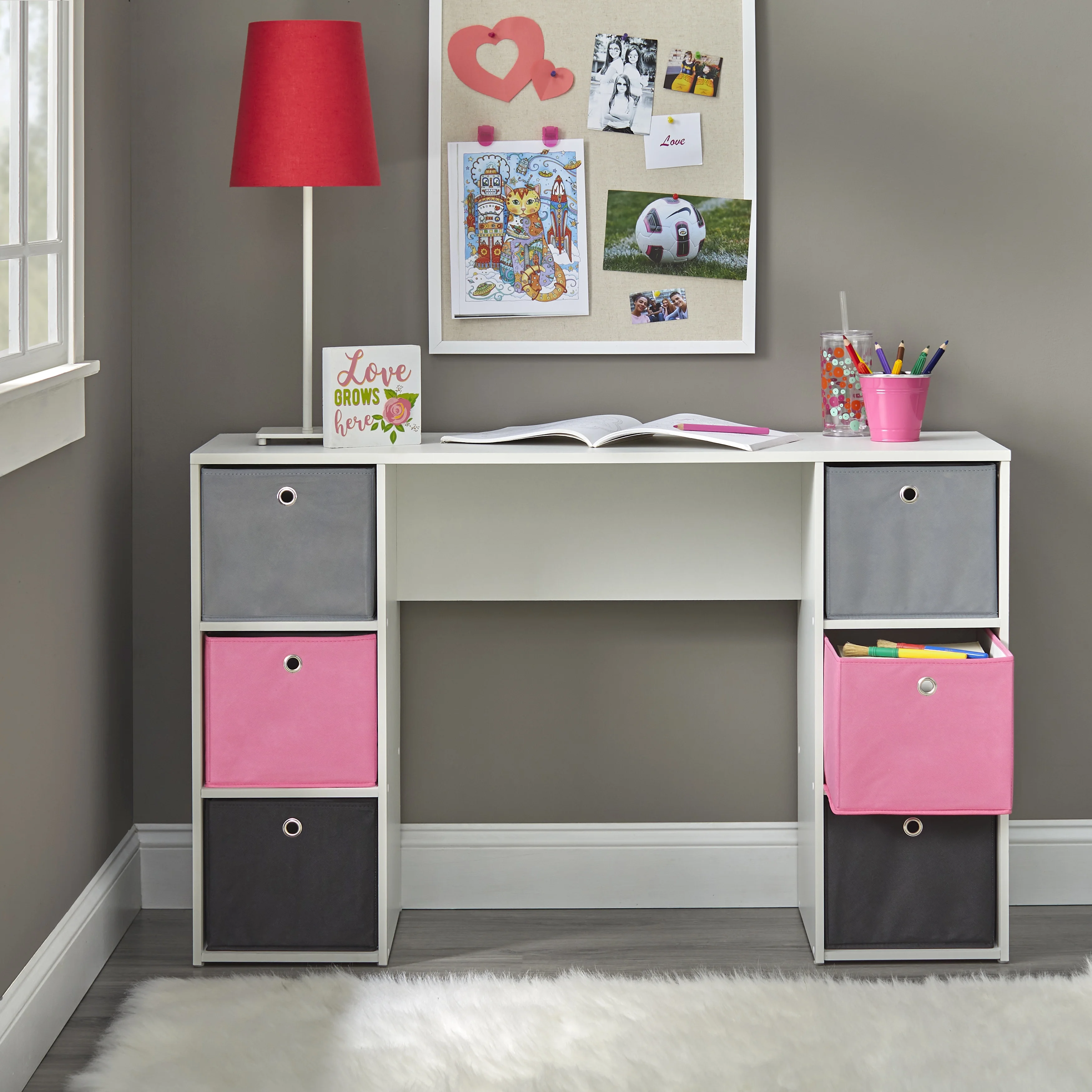 TMS Kids Contemporary Student Writing Desk with Storage Bins, White/Pink