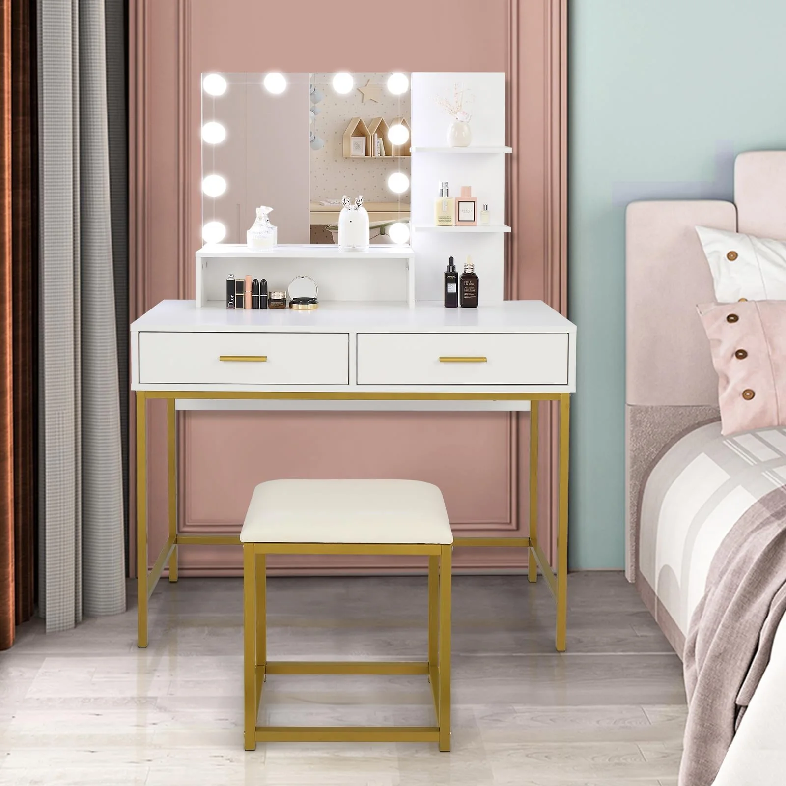Ktaxon Vanity Table Set with 3 Color Lighted Mirror & Stool, Makeup Vanity Dressing Table, 2 Drawers and Storage Shelves for Bedroom, Gold Vanity Desk for Women Girls (White)
