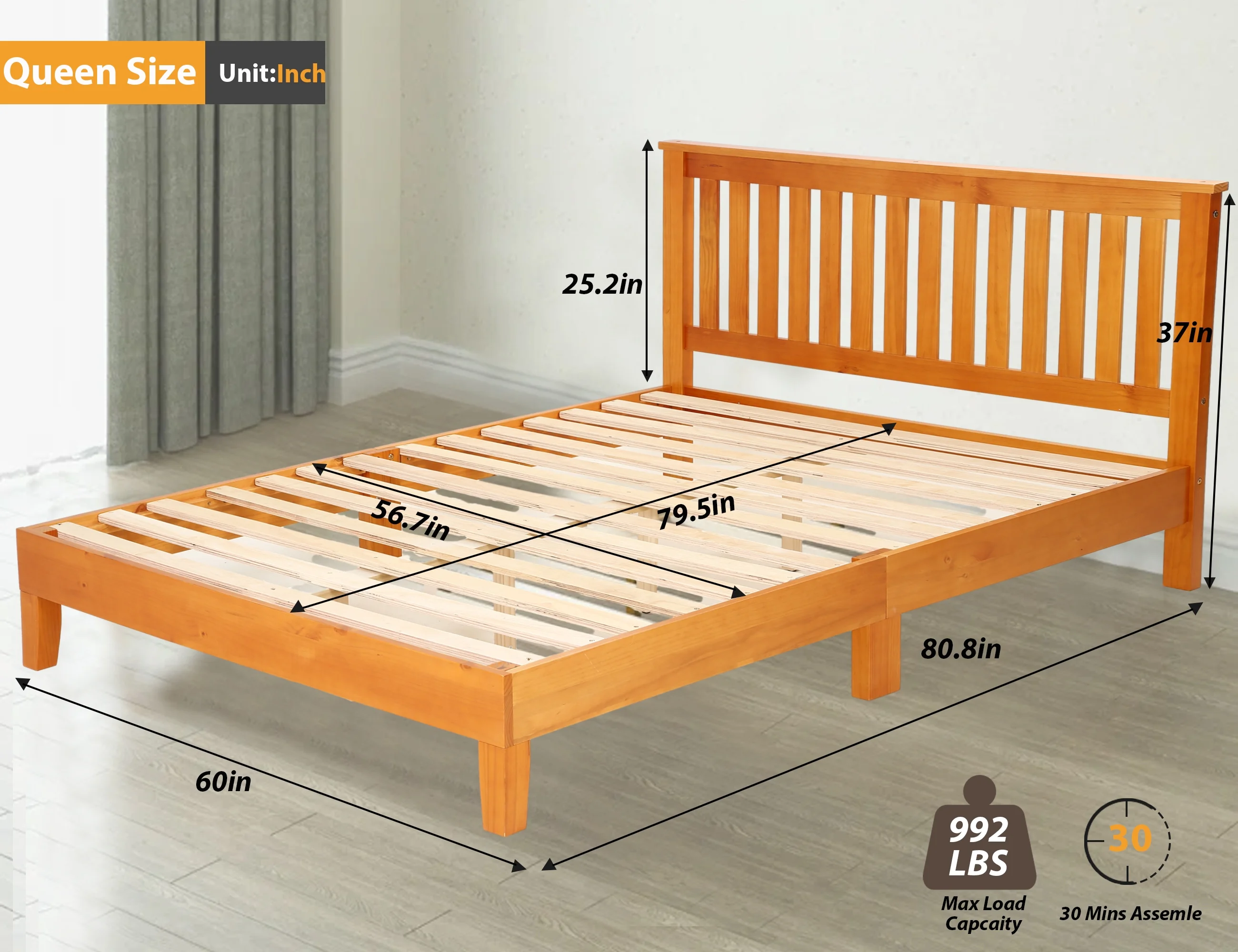 CL.HPAHKL Bed Frame Queen Size with Headboard, Solid Wood Foundation Queen Platform Bed, 13 Strong Wood Slats Support Mattress Frame Bed, Queen Bed Frame No Box Spring Needed, Easy Assembly, No Noise