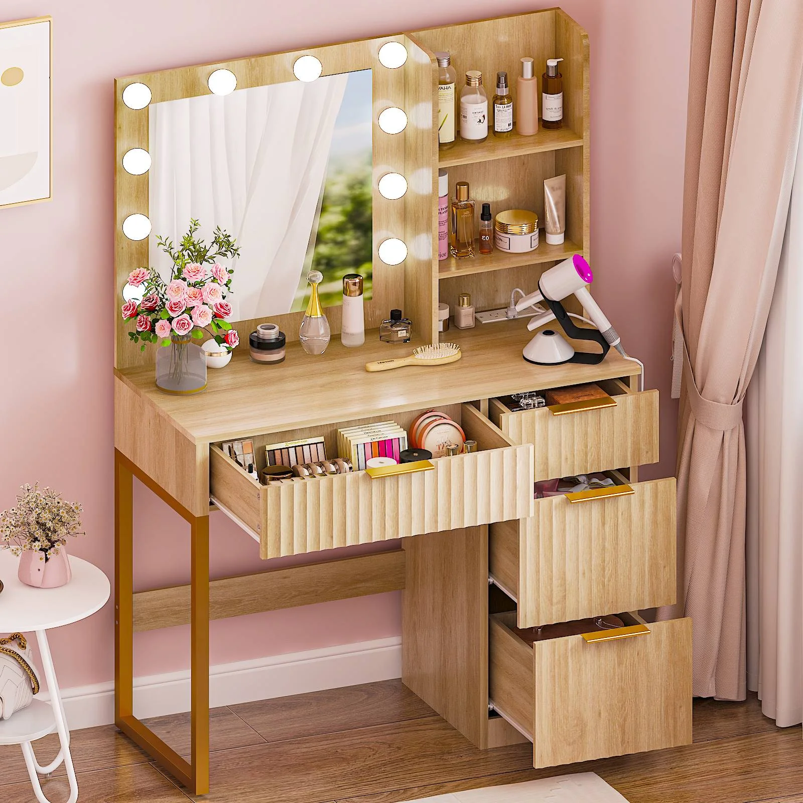 Ktaxon Vanity Set with 3 Color Lighted Mirror, Makeup Table with 3 Storage Shelves & Drawers, Dressing Table Makeup Desk with Stool,White
