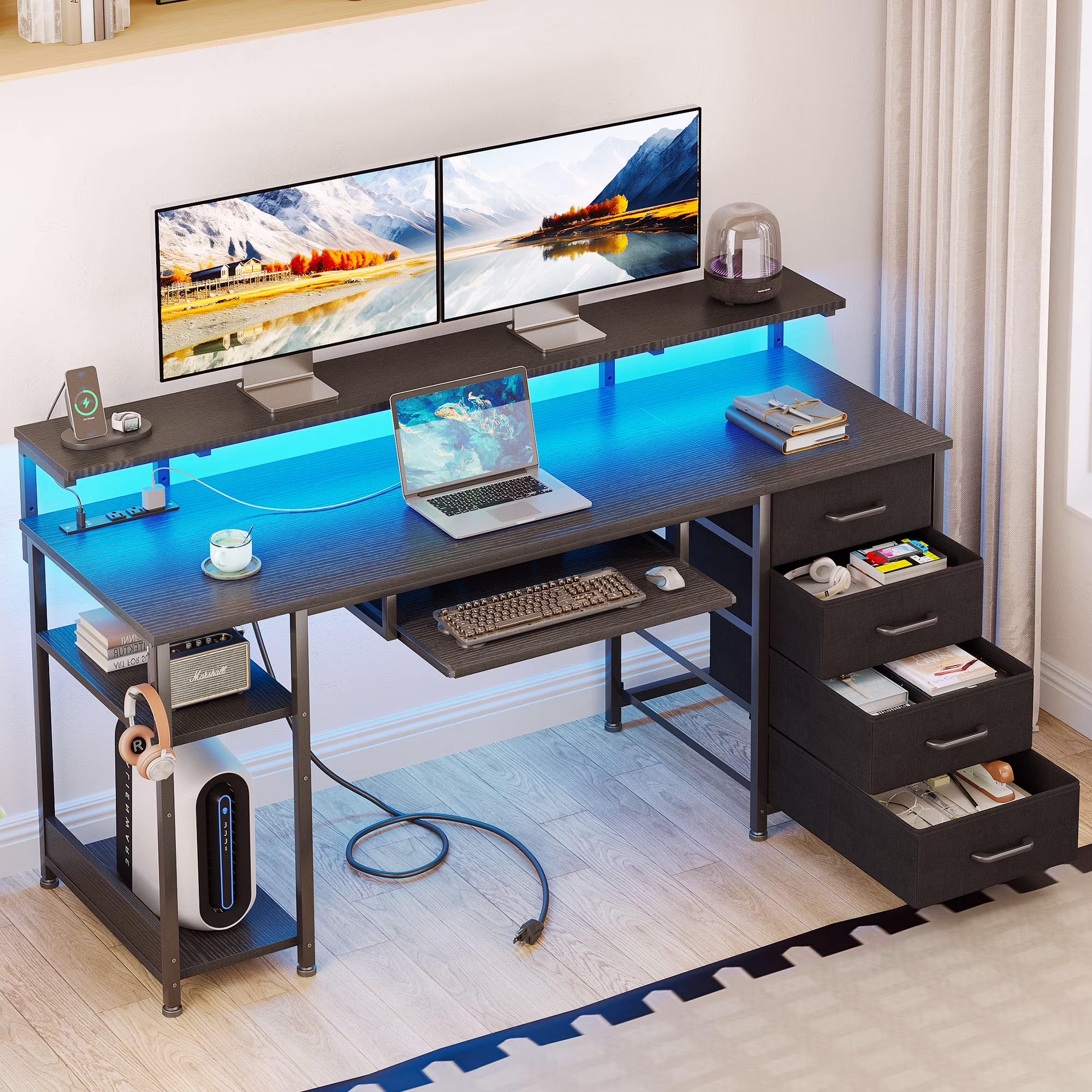 55 inch Office Desk with Power Outlet and Adjustable Monitor Stand, Computer Desk with Fabric Drawer and Keyboard Tray, Gaming Desk with LED Light & PC Stand, Vintage