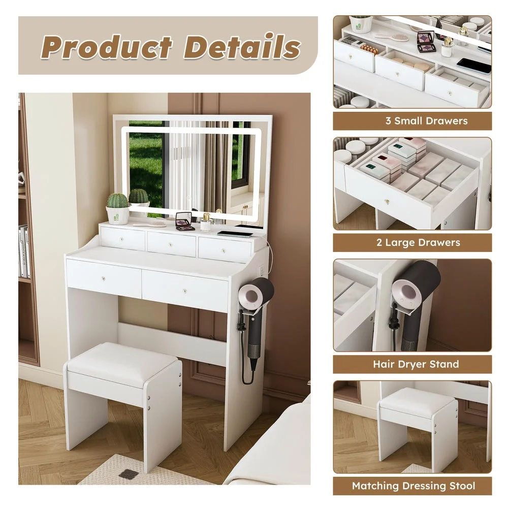 Kadyn Vanity Desk with Lighted Mirror, Vanity Table and Chair Set with 2 Drawers, Dressing Table Makeup Desk with 1 Door, Retro Gray