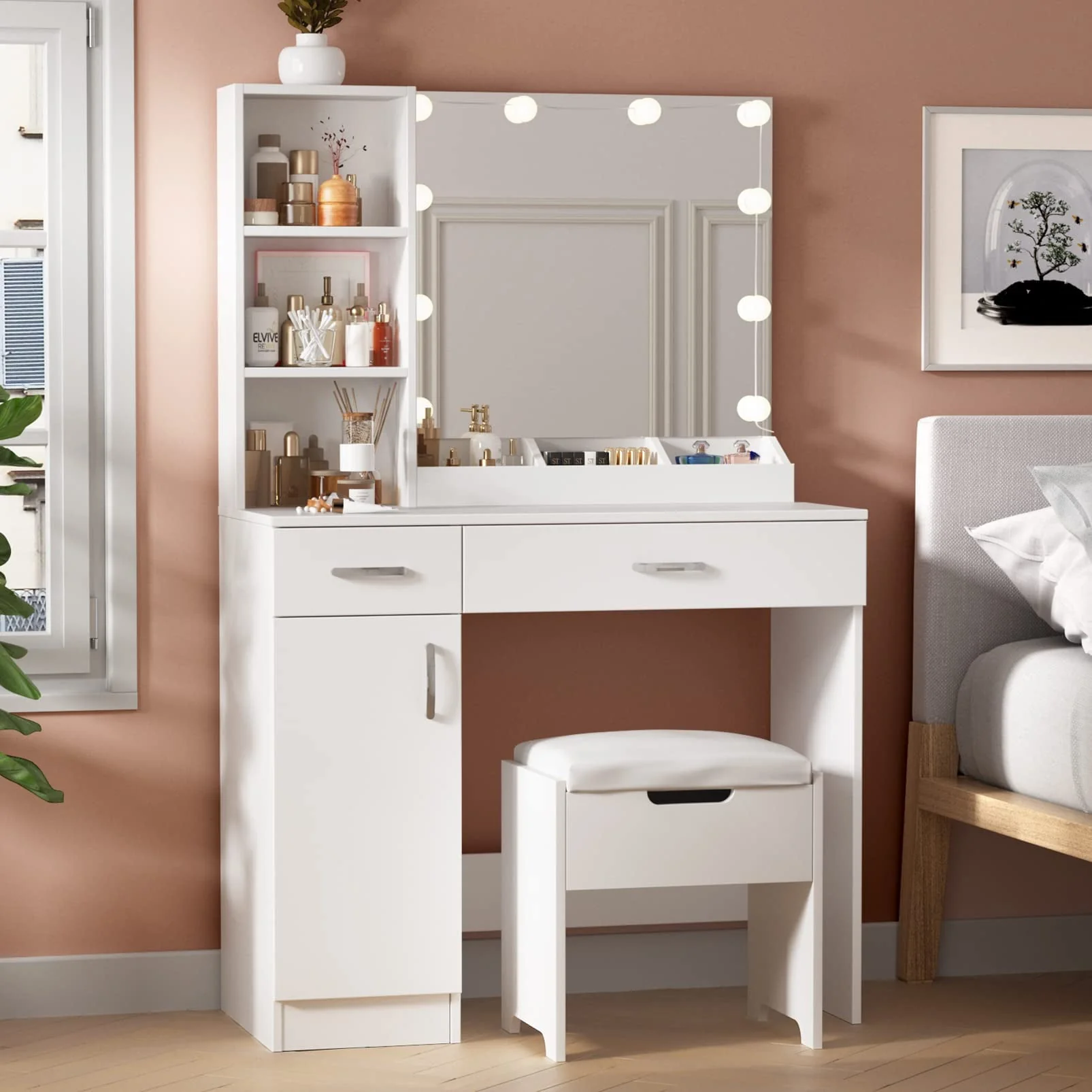 Veanerwood Makeup Vanity Table with 10 Led Lights, Lighted Mirror Vanity Desk, Modern Bedroom Dressing Vanity, White Finish