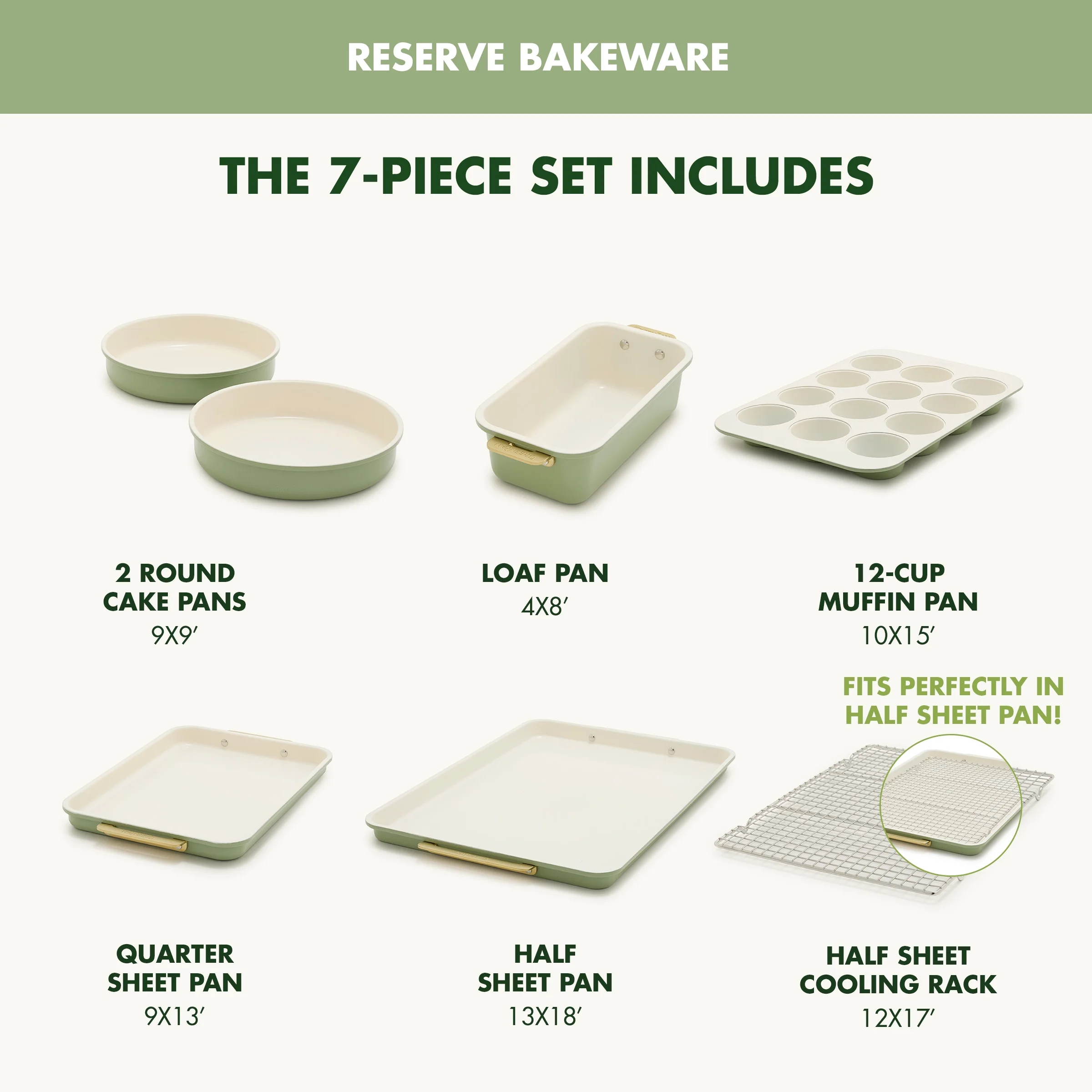 GreenPan Bakeware Set, 7 Piece Nonstick Ceramic Baking Sheets, Cake Pans, Loaf Pan, Muffin Tin, Cooling Rack, Green