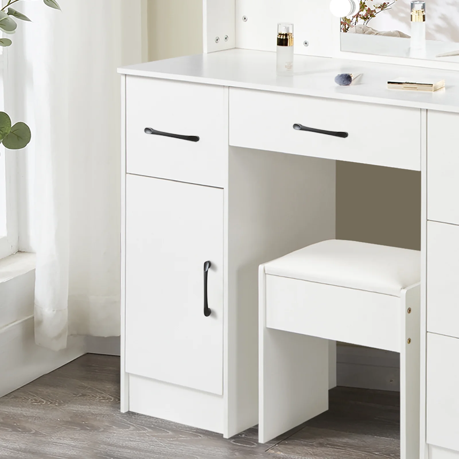Yamissi Makeup Vanity with 3 Color Lights, Vanity Desk with Sliding Mirror, Vanity Set Makeup Table, Storage Drawers and Shelves, White