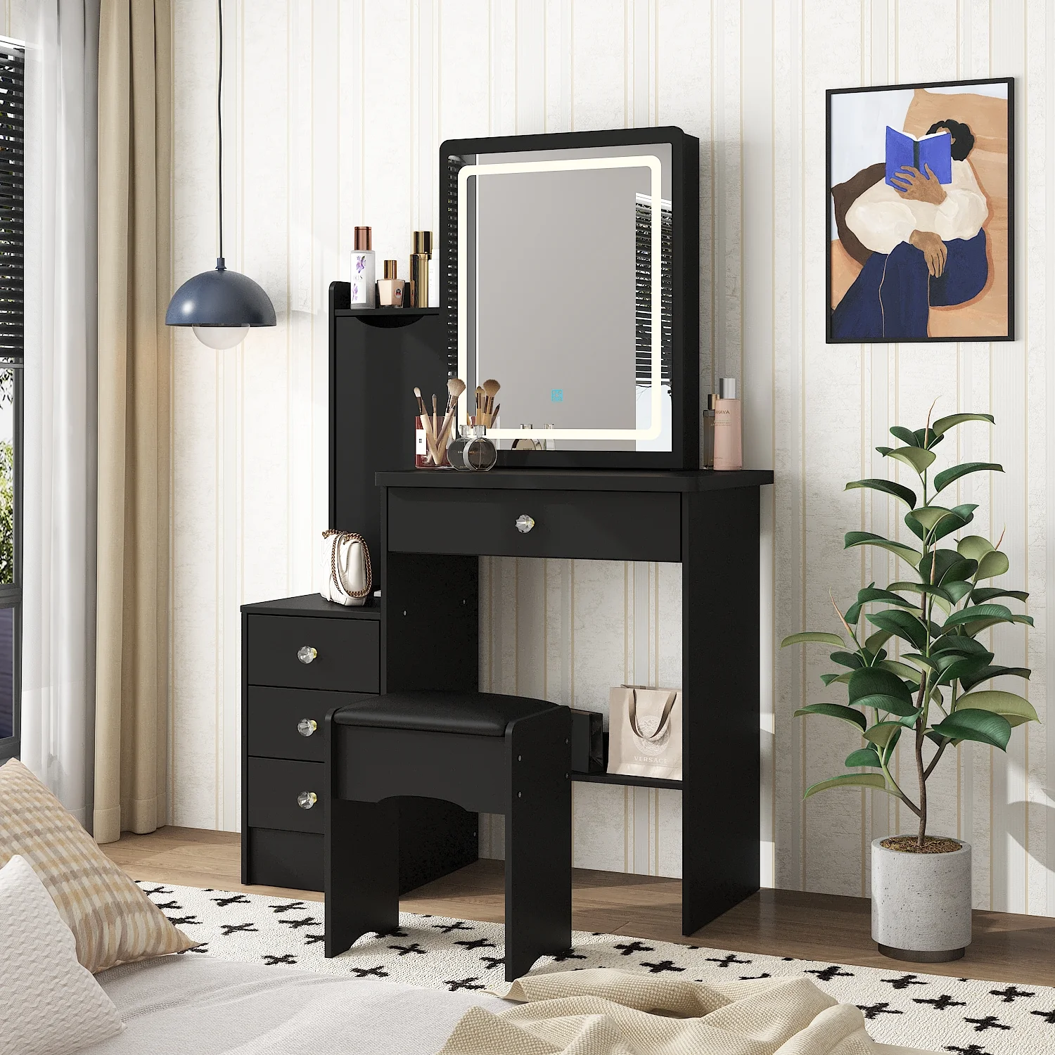 MONSLIPA Makeup Vanity Desk Set w/ Light, Sturdy Dressing Vanity Table with Bench, Shelves & Drawers