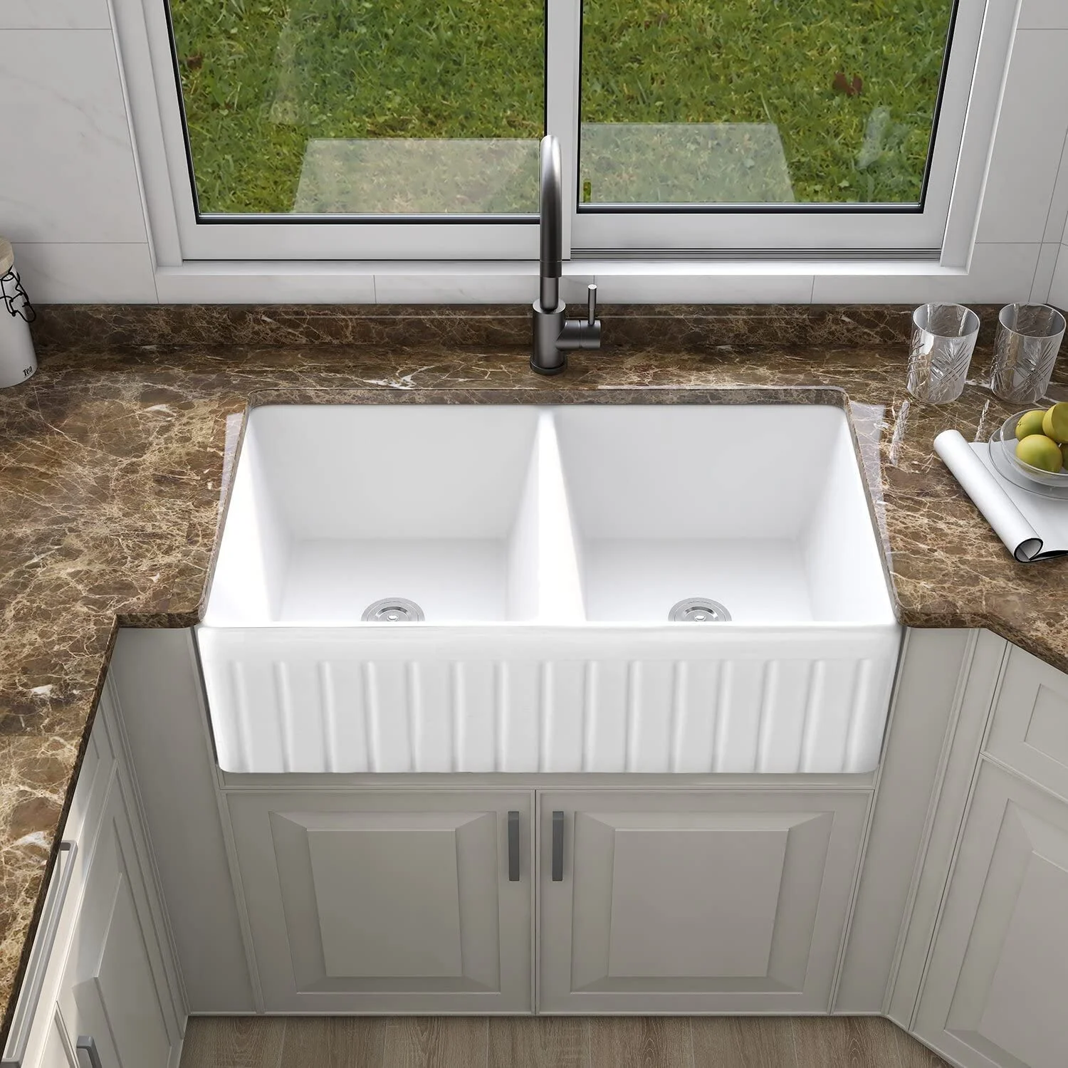 HOROW 33x18 inch Fireclay Kitchen Sink Undermount Double Bowl Apron-front Ceramic with Bottom Grid and Strainer