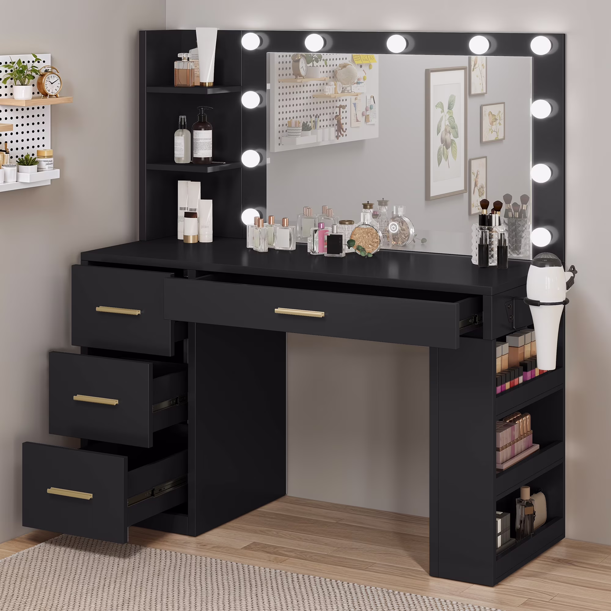Uforic Makeup Vanity Desk with Mirror & Lights, Vanity Desk with 4 Drawers & Storage Shelves - White
