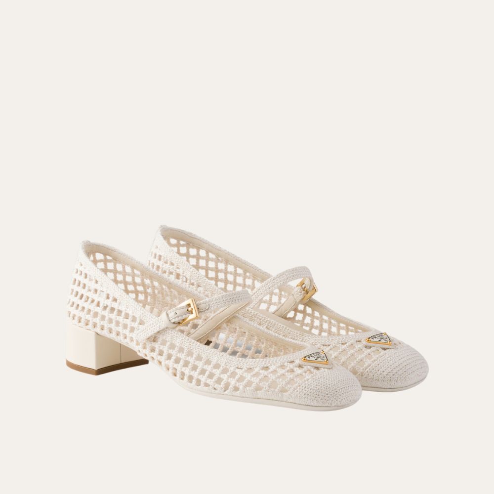 Prada Crochet Buckle Pumps Beige 35mm