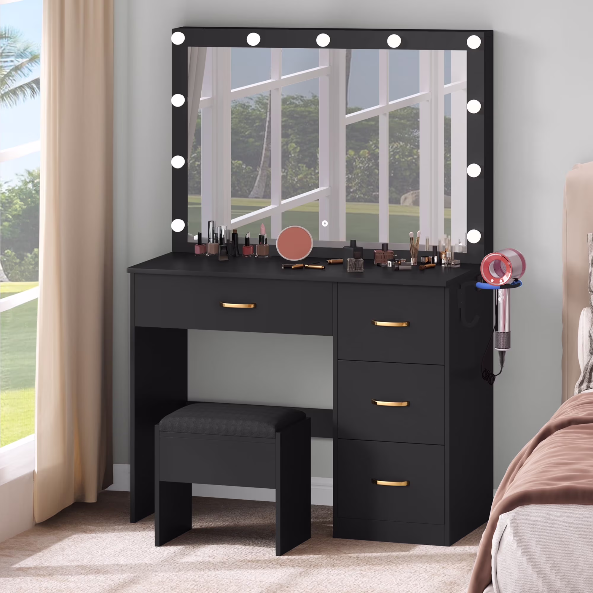 Dextrus Makeup Vanity Desk with Large Lighted Mirror and Storage - Enhance Your Beauty, Routine 4 Drawer Vanity Table with Cushioned Stool, Milky-White