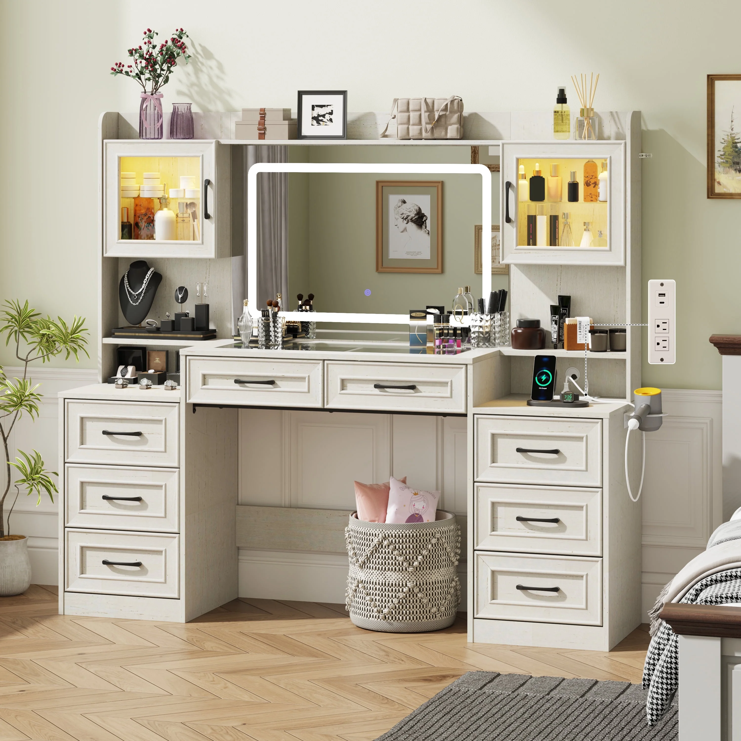 ChVans 62'' Large Vanity Desk with Tempered Glass Top & Charging Station, Farmhouse Makeup Vanity with 8 Storage Drawers & 2 LED Glass Storage Cabinets & 3 Lights Mode LED Mirror for Women Gift
