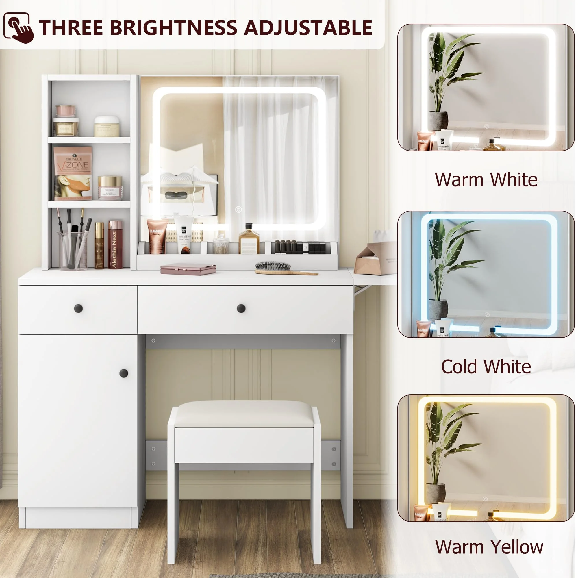 DSstyles Brown/Black/White Vanity Desk with LED Lighted Mirror & Power Outlet, Makeup Vanity with Drawers & Cabinet & Chair, Vanity Table Set for Bedroom
