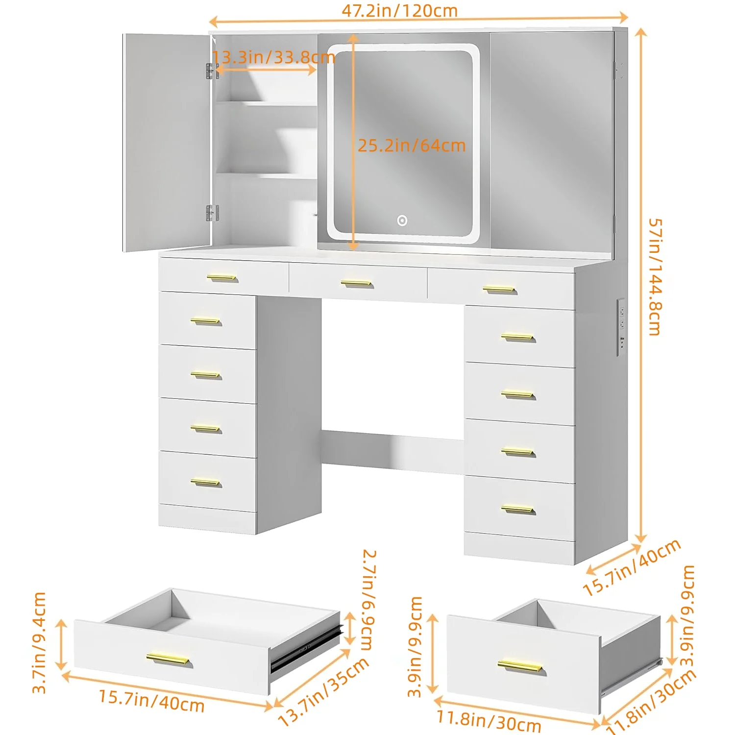 Tomnk woo White Makeup Vanity Desk with Large Mirror, Adjustable Lights, Storage Drawers & Power Outlets