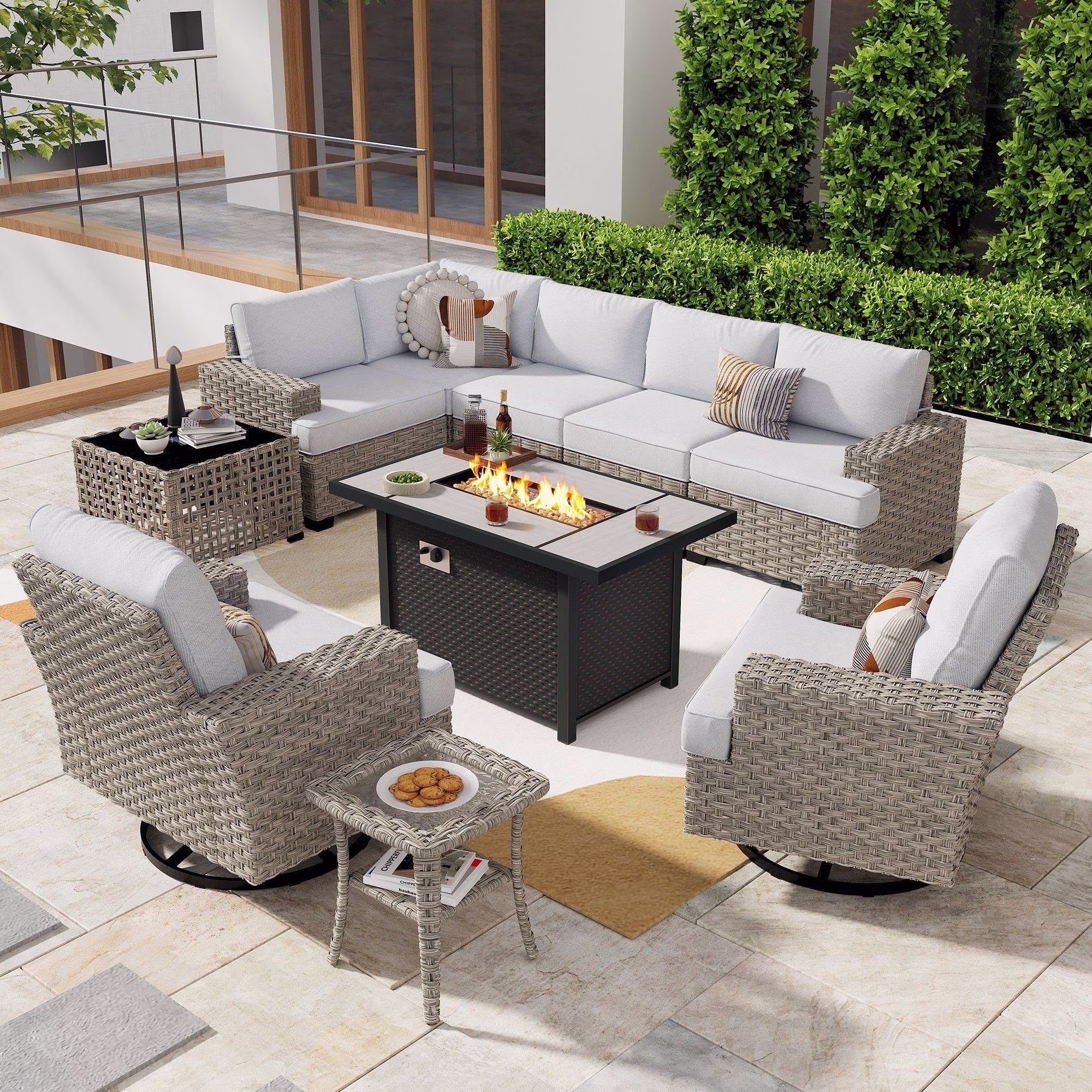 Ovios 10 Pieces Outdoor Patio Furniture Modern High-Back All-Weather Wicker Sectional Conversation Set with Propane Fire Pit Table & Swivel Chair, Dark Gray