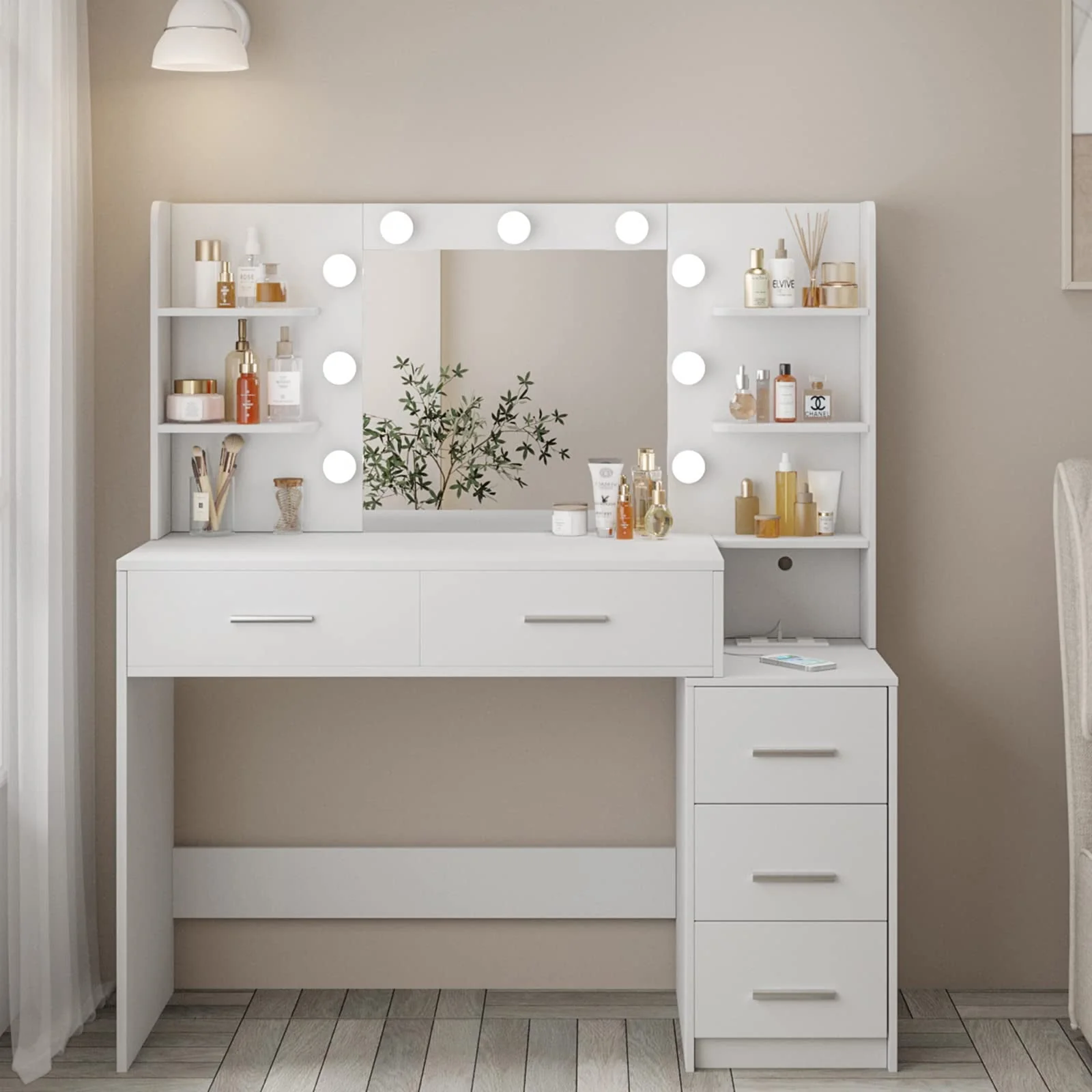 Makeup Vanity with Mirror and Lights,3 Lighting Colors,Bedroom Vanity Table with Charging Station,White Make Up Desk with 5 Drawers Storage and Open Shelves