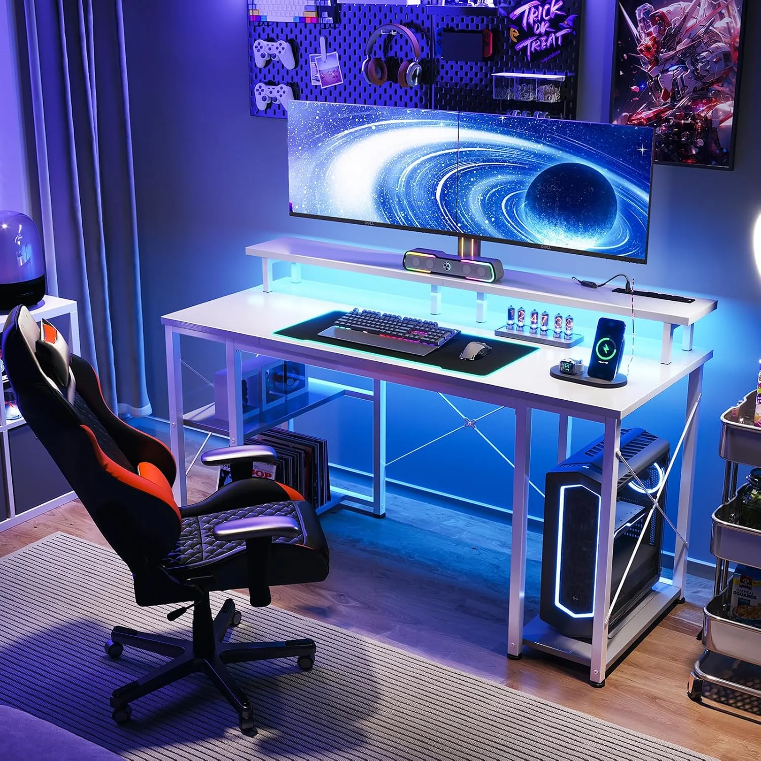 ODK 48 inch Gaming Desk with LED Lights & Power Outlets, Computer Desk with Monitor Stand & Storage Shelves, CPU Stand, Home Office Desk, White
