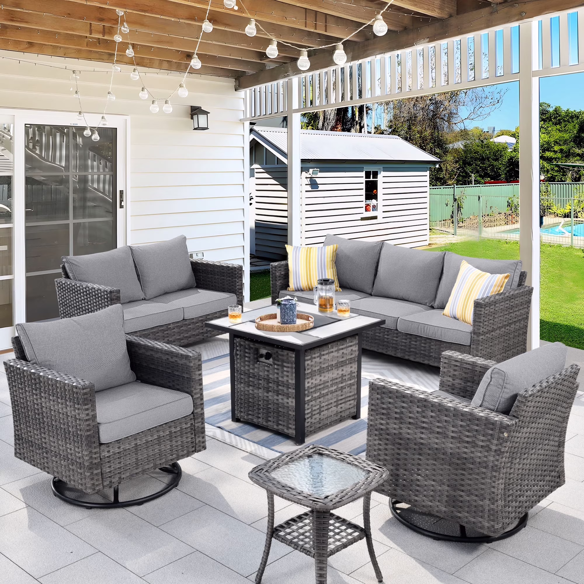 Ovios 6 Pieces Outdoor Patio Furniture Set with Gas Propane Fire Pit Table Wicker Outdoor Conversation Set with Swivel Rocking Chair for Backyard, Cushion Beige