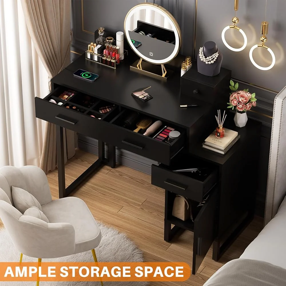 Vanity Desk With 4 Drawers and Cabinet, Makeup Vanity Table With Charge Station Socket, Small Space Makeup Bedside Cupboard, Gift for Her Choice, Suit for Apartment/Dorm/Bedroom, Cute Pink