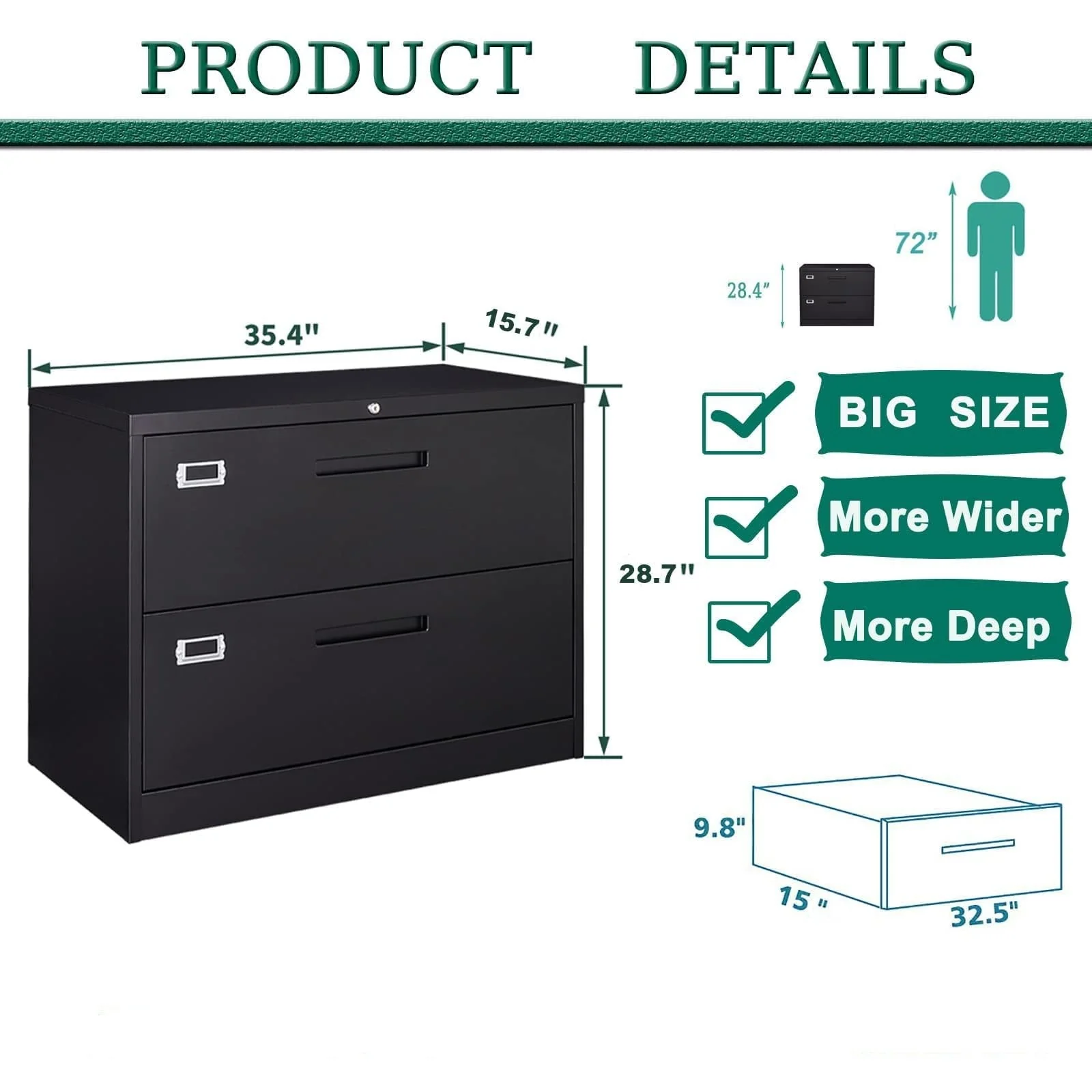 Fesbos Lateral File Cabinets with Lock,2 Drawer 36