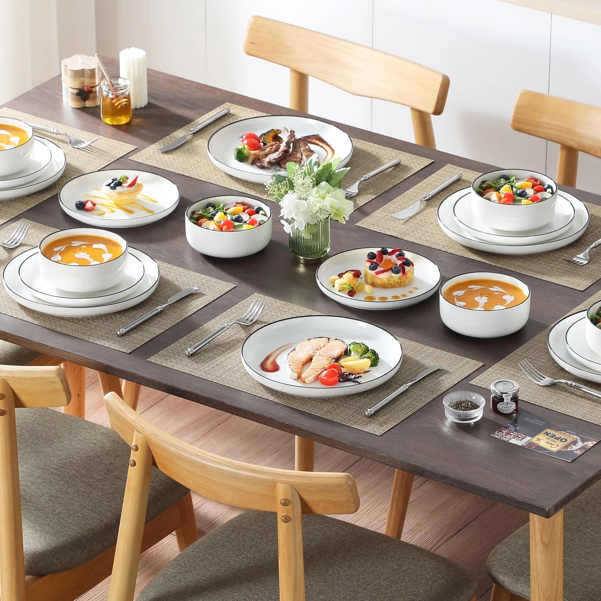 vancasso 36 Pieces Dinnerware Sets, Plates and Bowls Set for 8, Porcelain Dinner Set, White with Black Rim