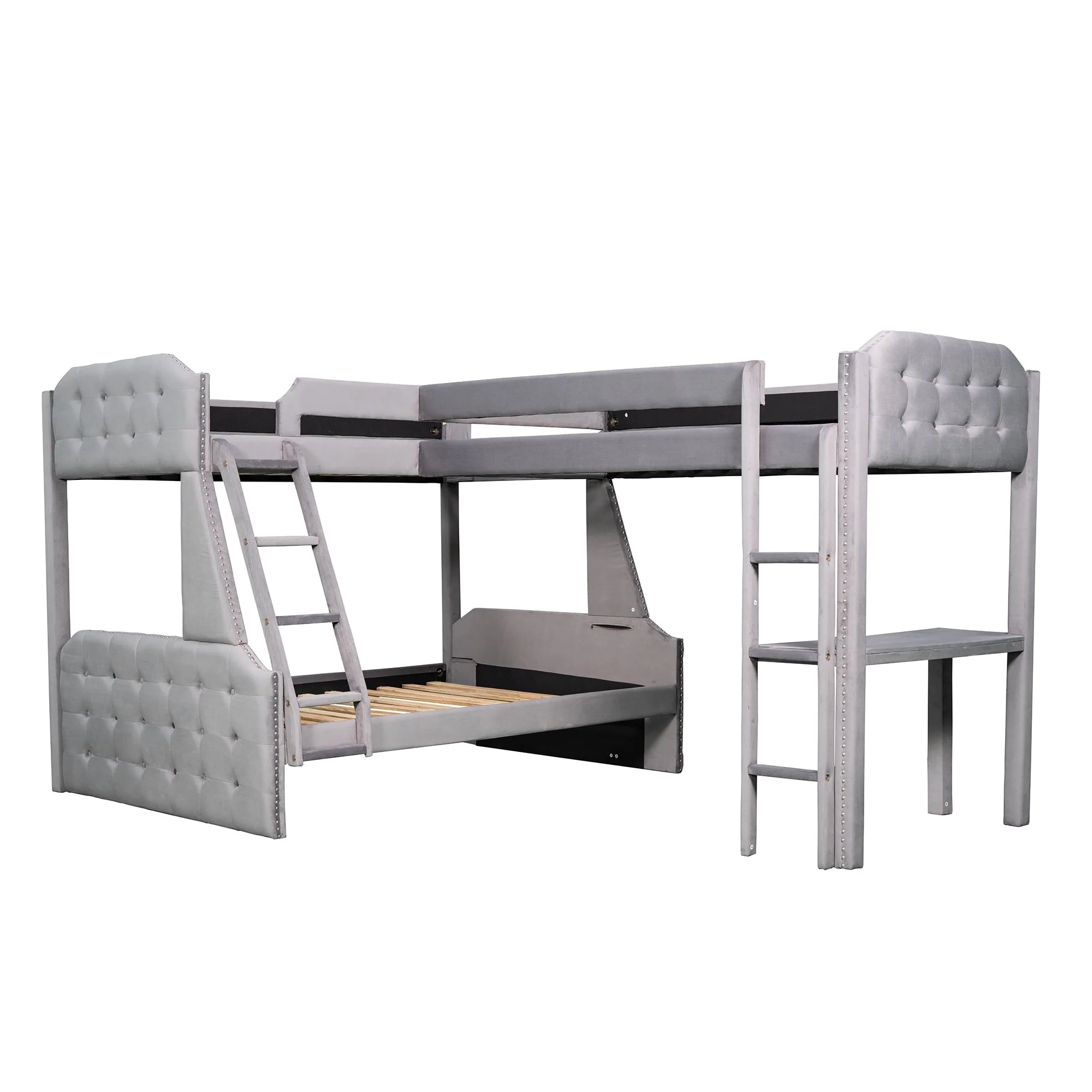 EUROCO Upholstery L-Shaped Twin over Full Bunk Bed and Twin Loft Bed with Desk for Kids Bedroom, Gray
