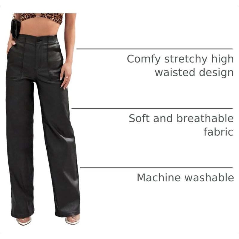 Leather Pants High Waist Coated PU Button Straight
