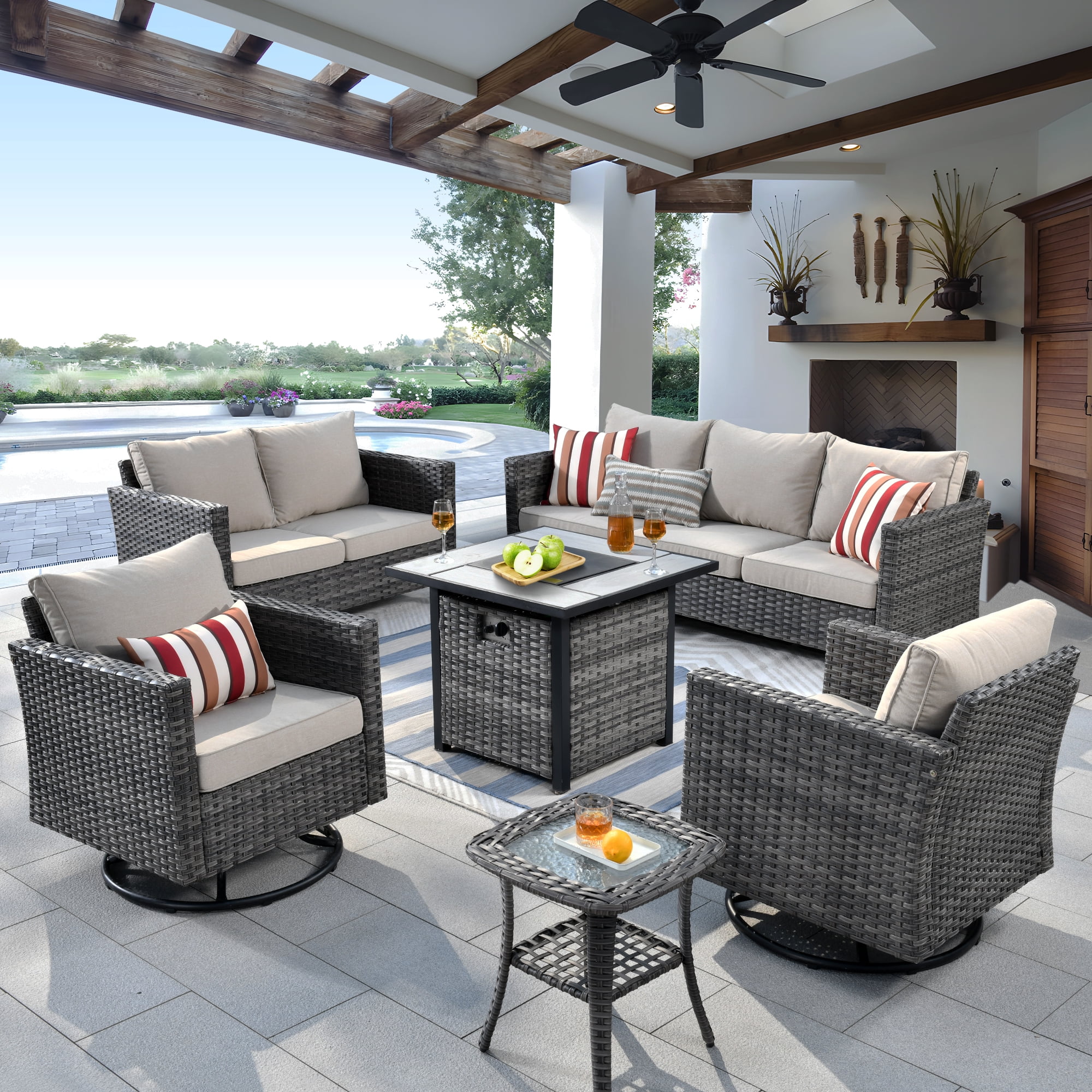 Ovios 6 Pieces Outdoor Patio Furniture Set with Gas Propane Fire Pit Table Wicker Outdoor Conversation Set with Swivel Rocking Chair for Backyard, Cushion Beige