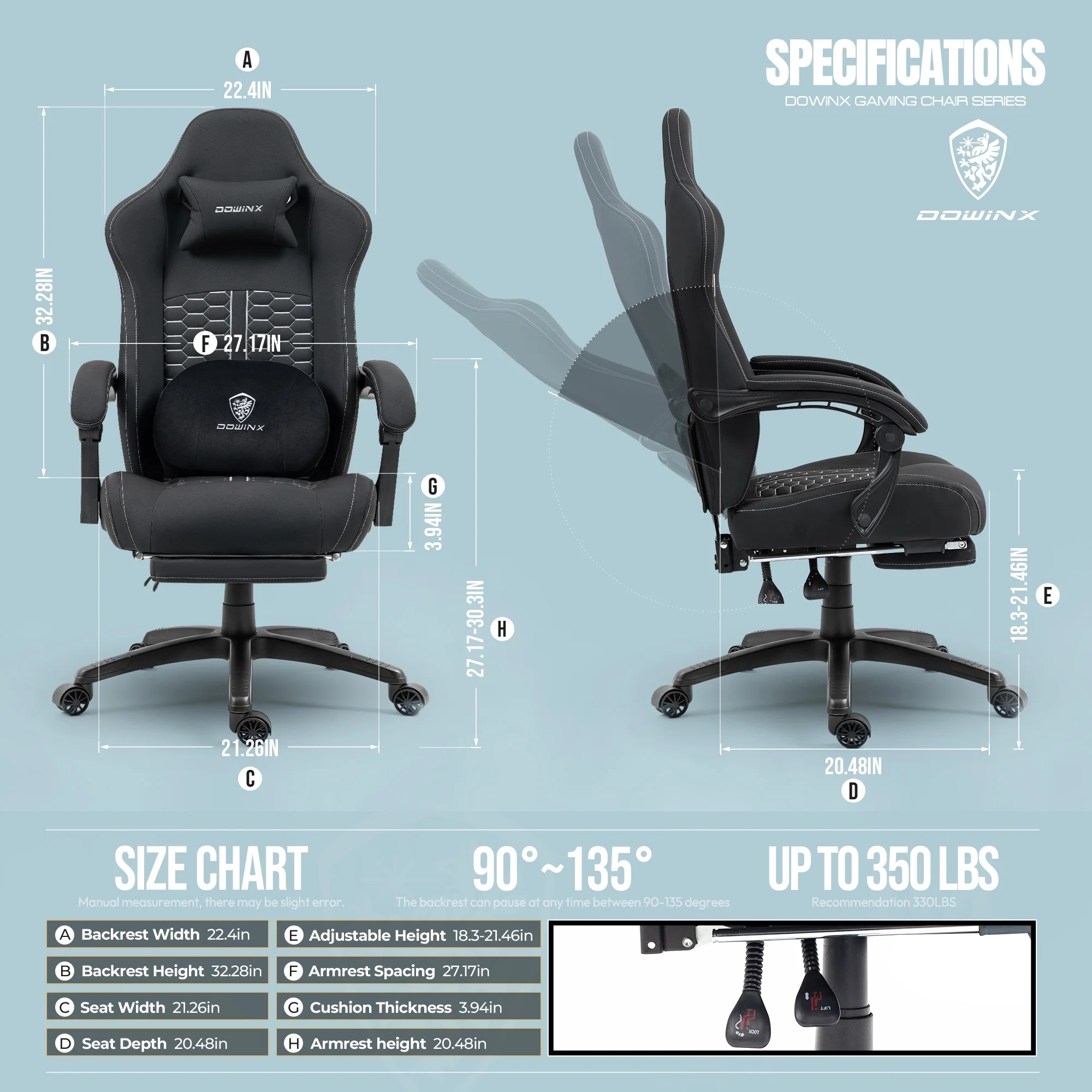 GOOSEA Gaming Chair with Heating Massage and Lumbar Support, Ergonomic Computer Chair with Pocket Spring Cushion and Footrest, High Back Reclining Office Chair for Adults, 350 lbs, Black