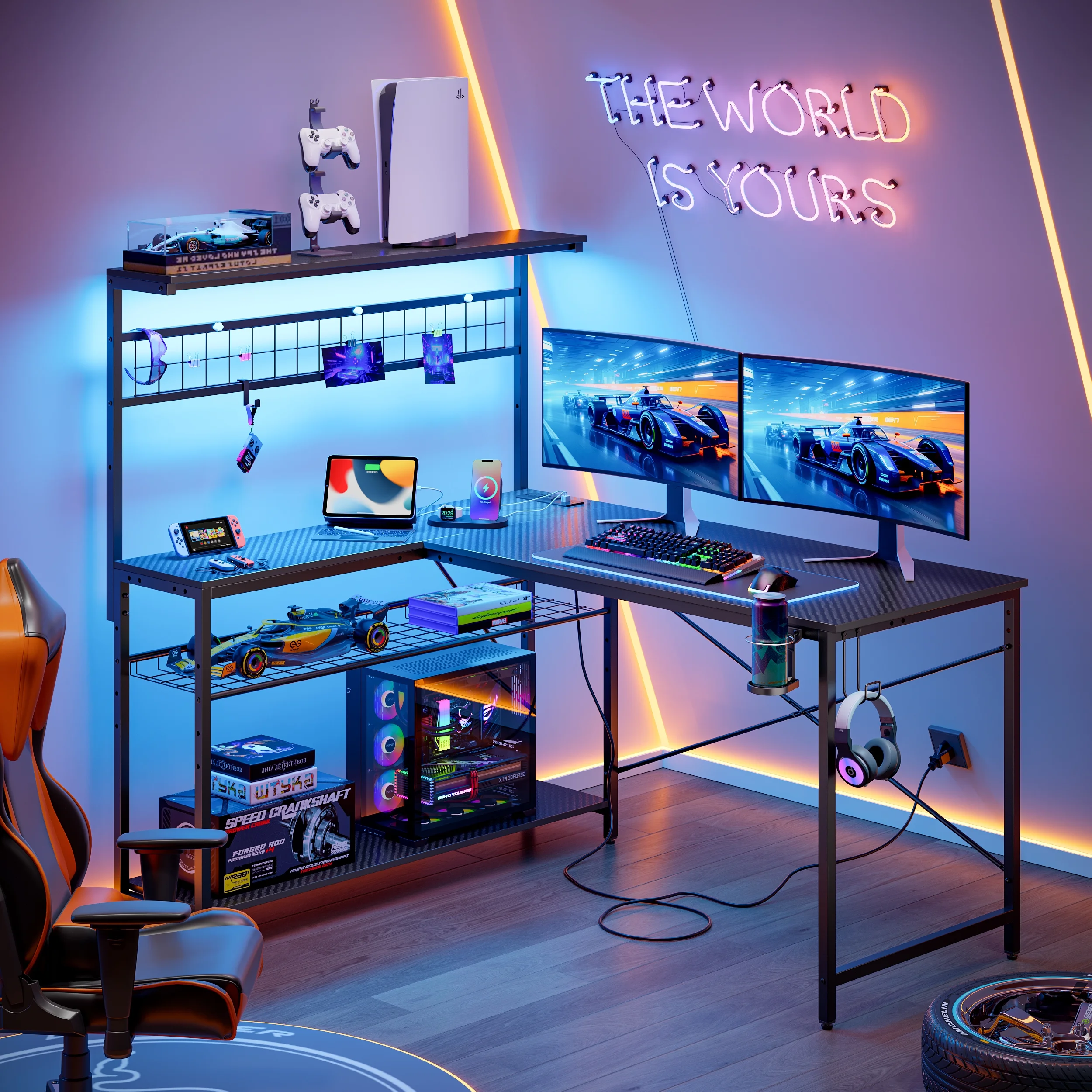 Bestier 51 L Shaped Gaming Desk with Power Outlets & LED Light, Computer Desk with 4 Tiers Shelves for Home Office, Reversible Gamer Table with Hooks and Cup Holder, Carbon Fiber