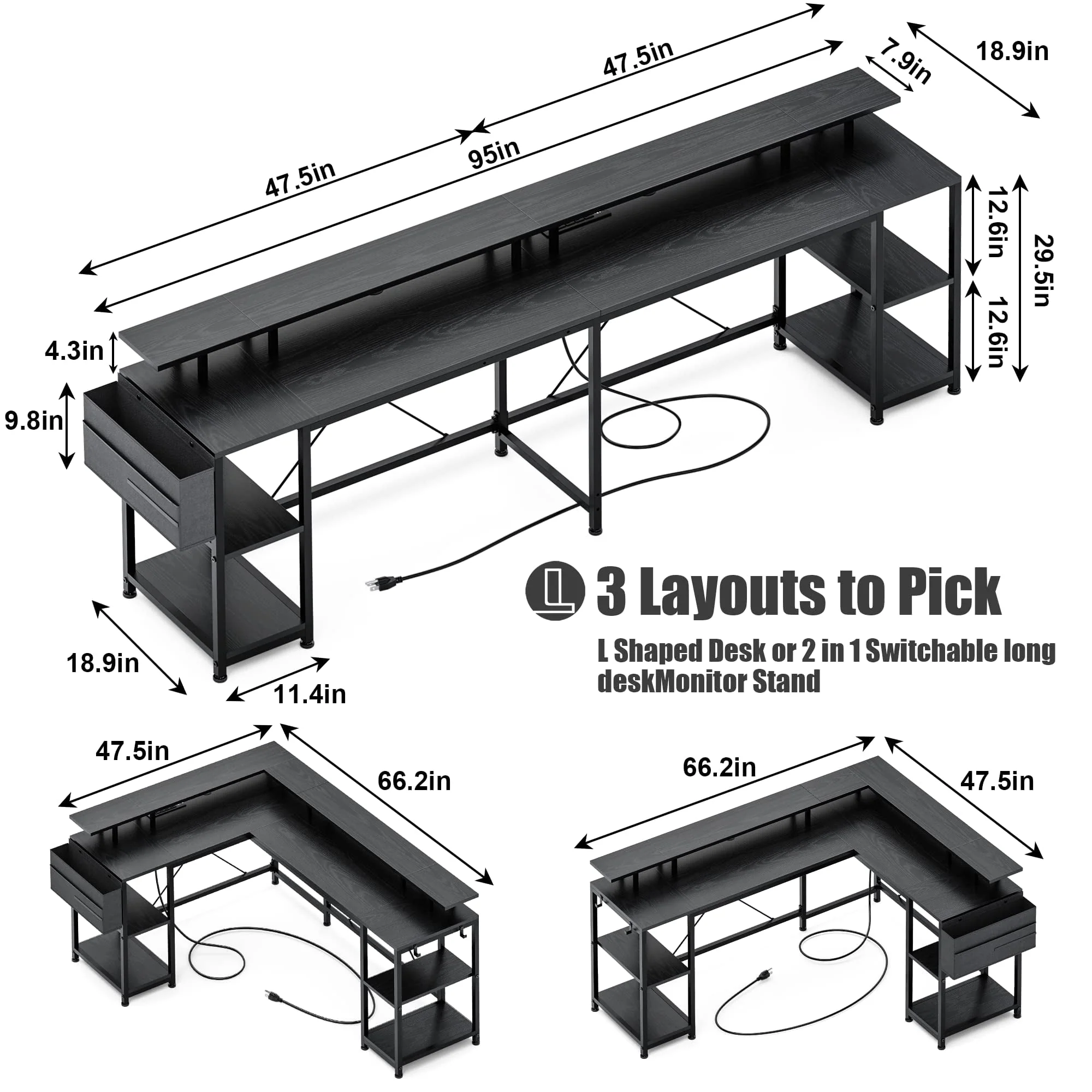 Lulive 95” L-Shaped Computer Desk with LED Light Gaming Desk with Power Outlet, Home Office Desk with Monitor Stand, Storage Shelf and Storage Bag Corner Desk, Black