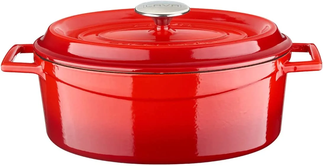 LAVA 6.75 Quarts Cast Iron Dutch Oven: Multipurpose Stylish Oval Shape Dutch Oven Pot with Three Layers of Enamel Coated with Trendy Lid (Blue)
